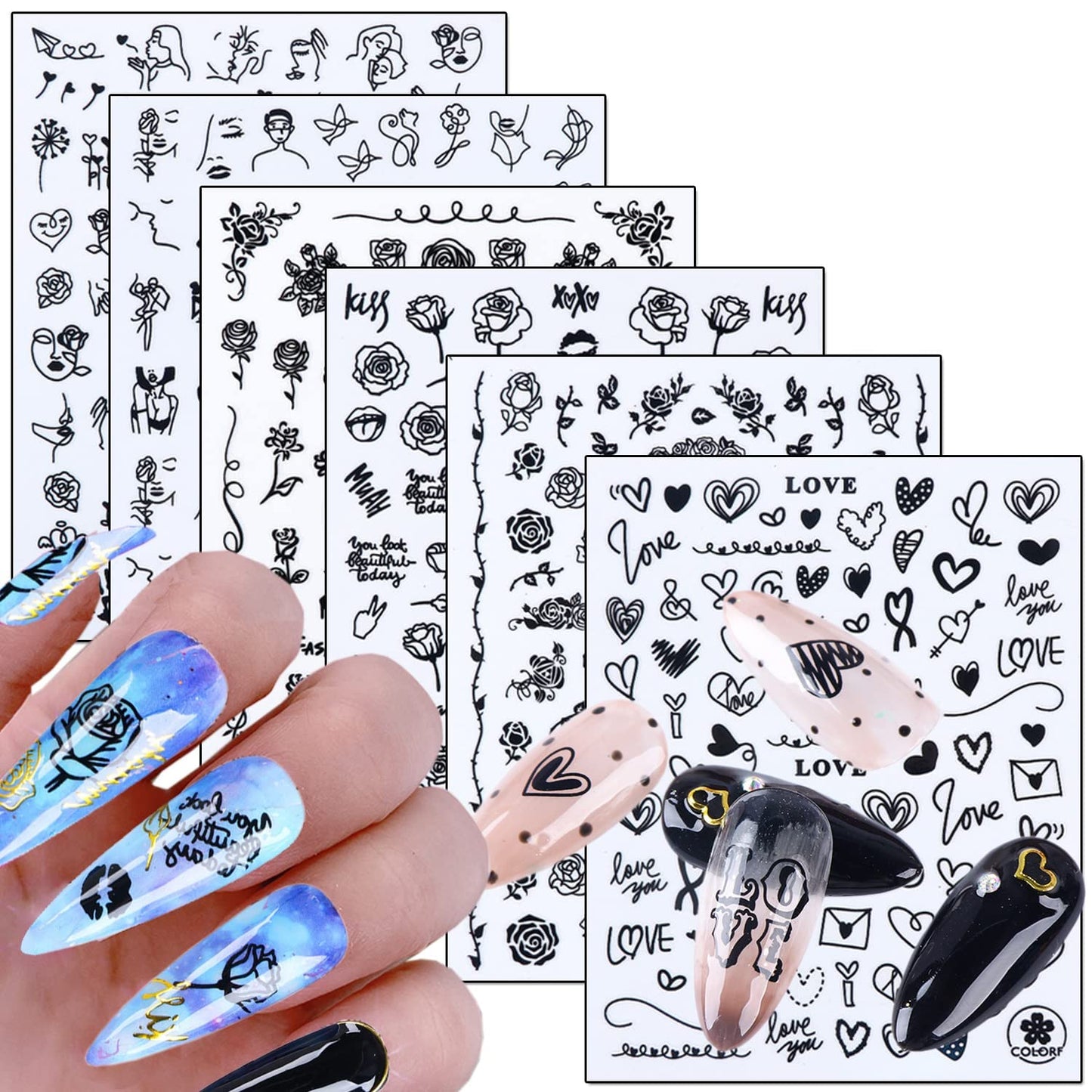 6 Sheets Rose Nail Stickers and 8 Sheets Heart Nail Stickers