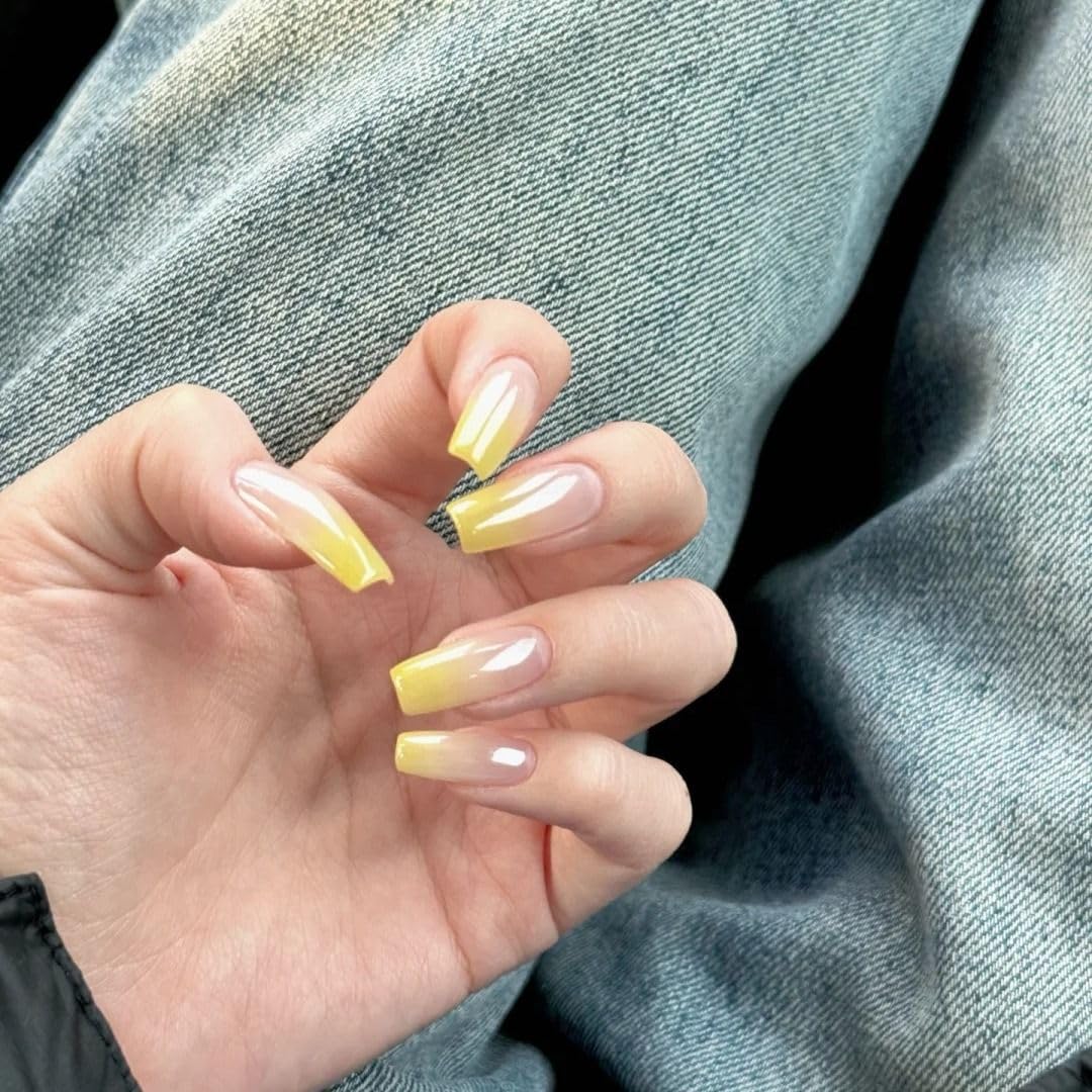 MIXNEX 10Pcs Press On Nails – Medium Long Coffin Mango Yellow Ombre Fake Nails for Petite Hands – Handmade Glossy Stick On Nail Tips with Storage Box & 5-in-1 Manicure Kit (Mango Yellow, Medium)