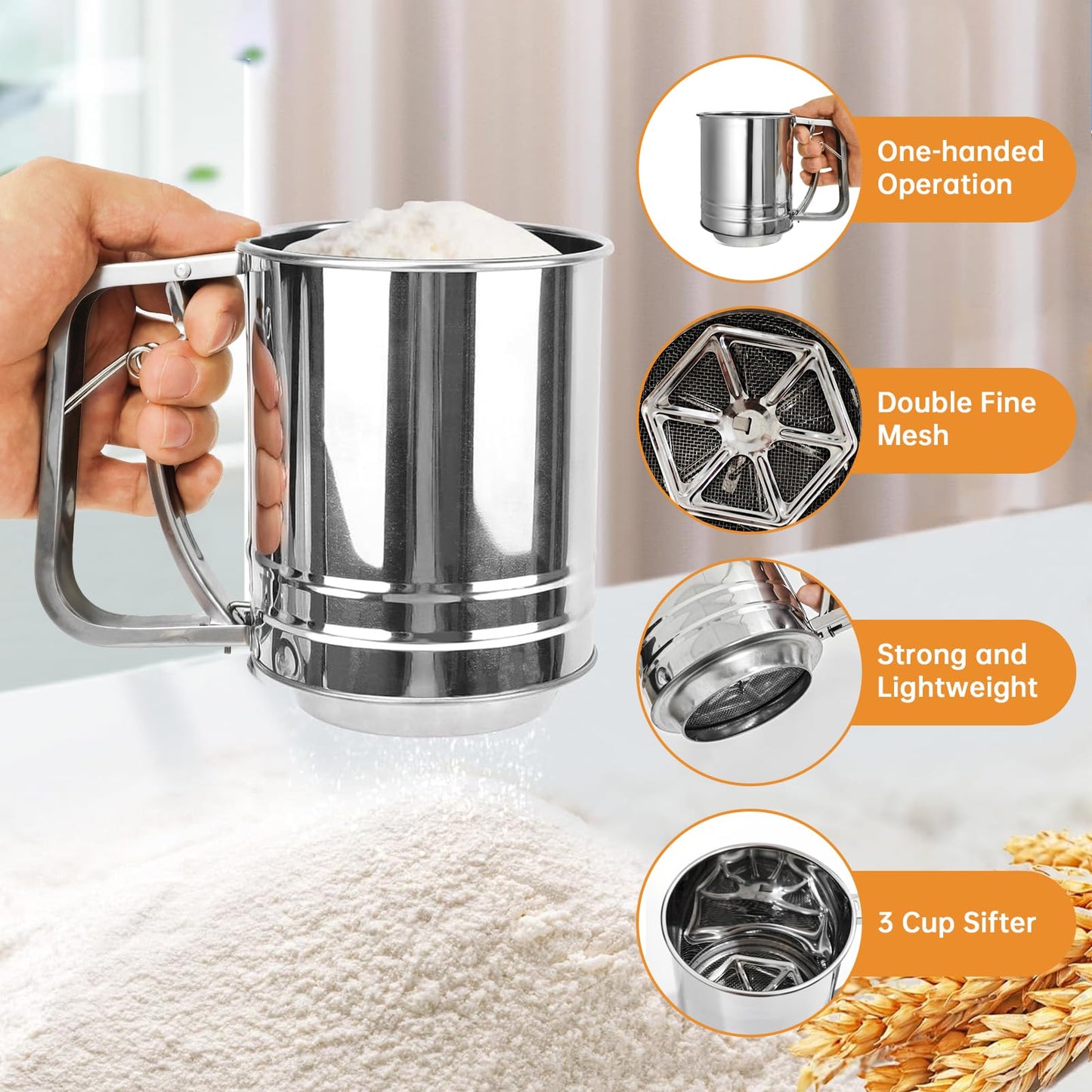 Flour Sifter, 3 in 1 Stainless Steel Sifter for Baking, 3 Cup Double Layer Fine Mesh Sifter, Powdered Sugar Shaker Duster Set for Baking Cakes, Pastries, Pies, Cupcakes and Desserts
