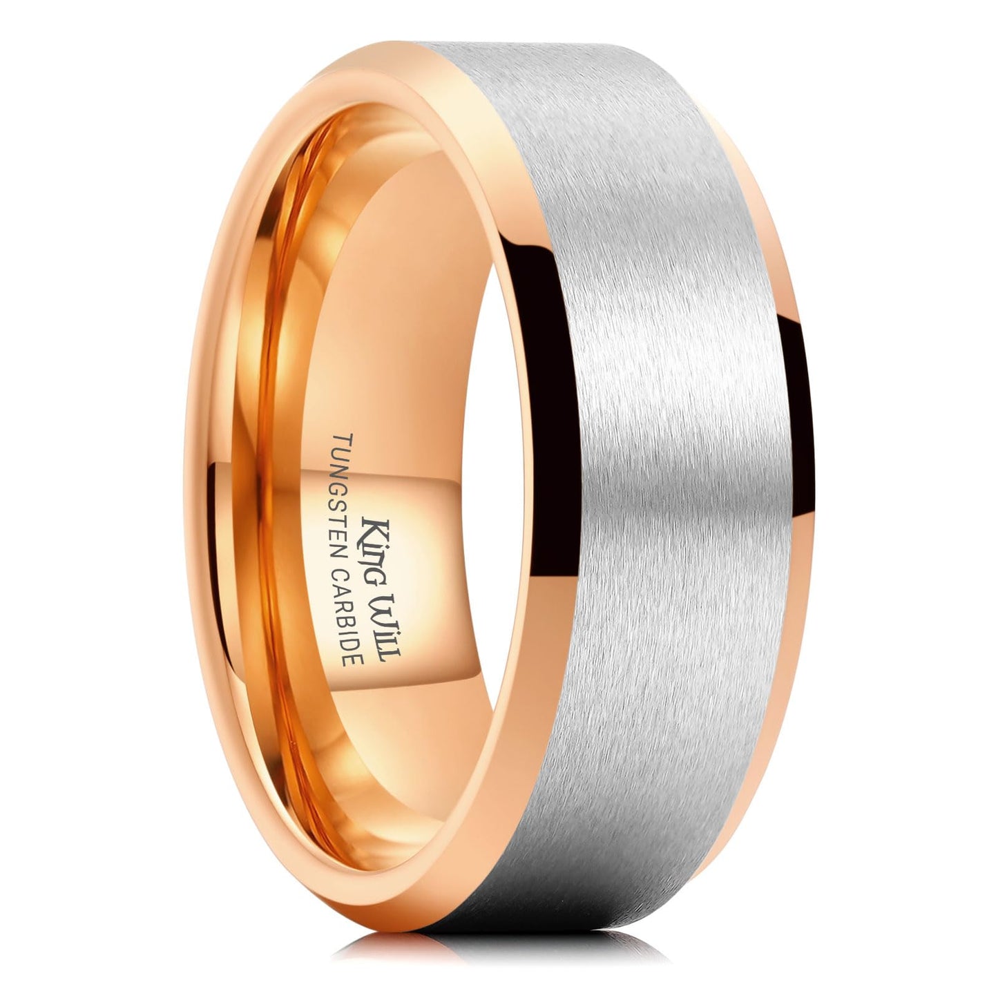 King Will 8mm Classic Tungsten Rings for Men Two-Tone Mens Wedding Bands Simple Engagement Promise Ring Matte Brushed Beveled Edges Comfit Fit Durable, Silver & Rose Gold Plated Size 12