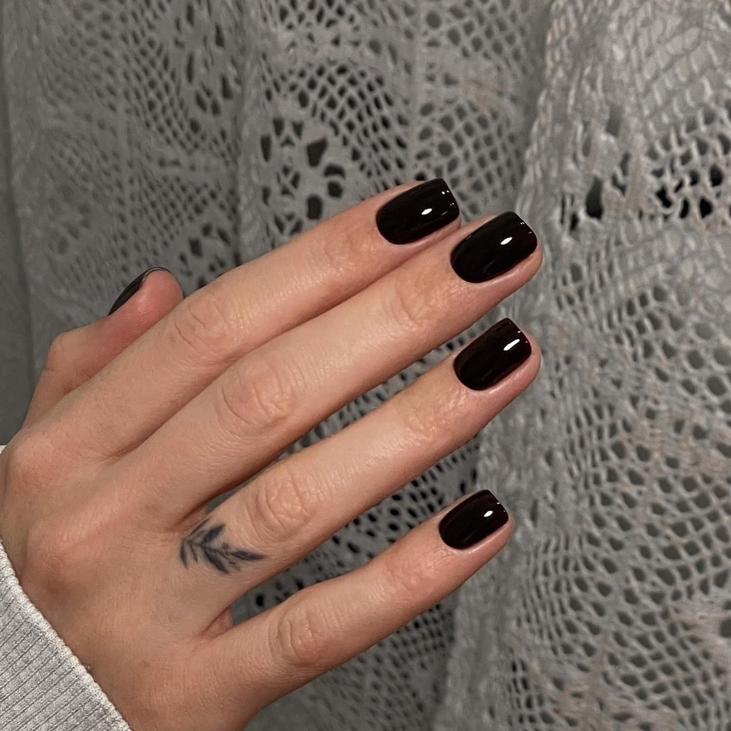 Black Press on Nails Short Square, Fake Glue on Soft Gel Stick on Nails for Women, Thick Reusable Solid Color Acrylic 24pcs