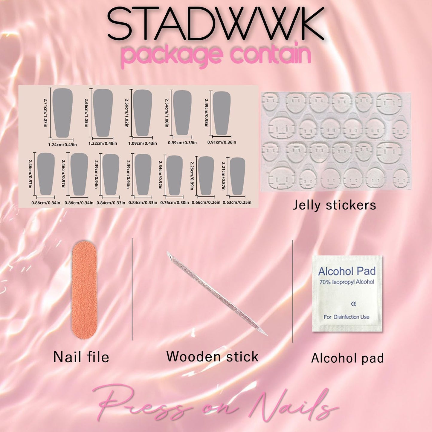 Coffin Press on Nails Medium Fake Nails with Rhinestones Gradient Designs Full Cover Nails Press ons Glossy Glue on Nails Pink Acrylic Nails White False Nails Cute Stick on Nails Women 24Pcs