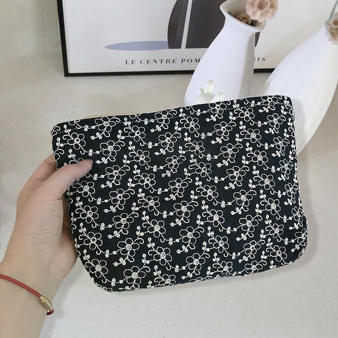 HAPPYHEIDI Soft Embroidered Floral Makeup Bag Cosmetic Travel Pouch, Canvas Lined, Make Up Purse Organizer,Cute Black
