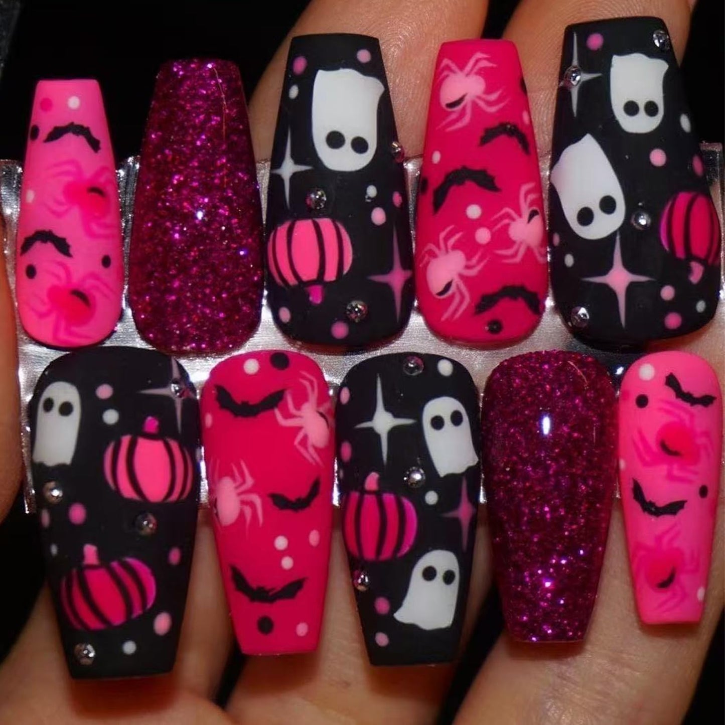 IMSOHOT Press on Nails - Pink Black, Long Coffin Fake Nails with Ghost, Bat, Spider Designs Full Cover Glue on Nails Cute Glitter Ballerina False Nails for Women Nail Decoration