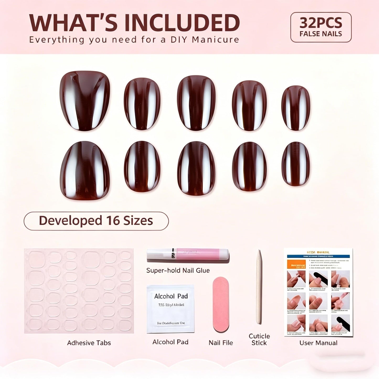 Dark Brown Chrome Short Oval Press On Nails - 32Pcs 16 Size Soft Gel Electroplated Fake Nails with Glue, Reusable Metallic Brown False Nails for Women Daily Office Party