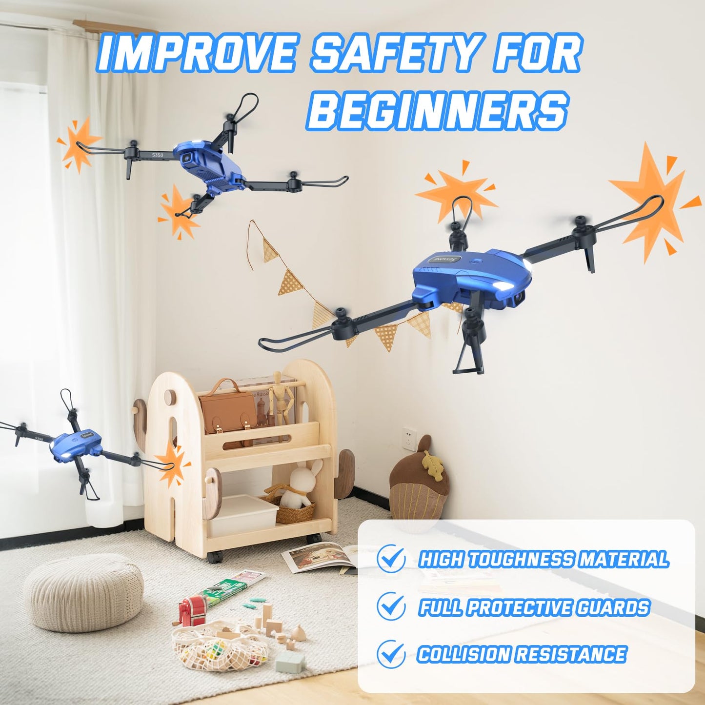 Drone for Kids with 1080P HD Camera - S350 Foldable Mini Drones Toys Christmas Birthday Gifts for Boys Girls, RC Helicopter Quadcopter with Altitude Hold, One Key Start, 3D Flips, 2 Batteries, Blue