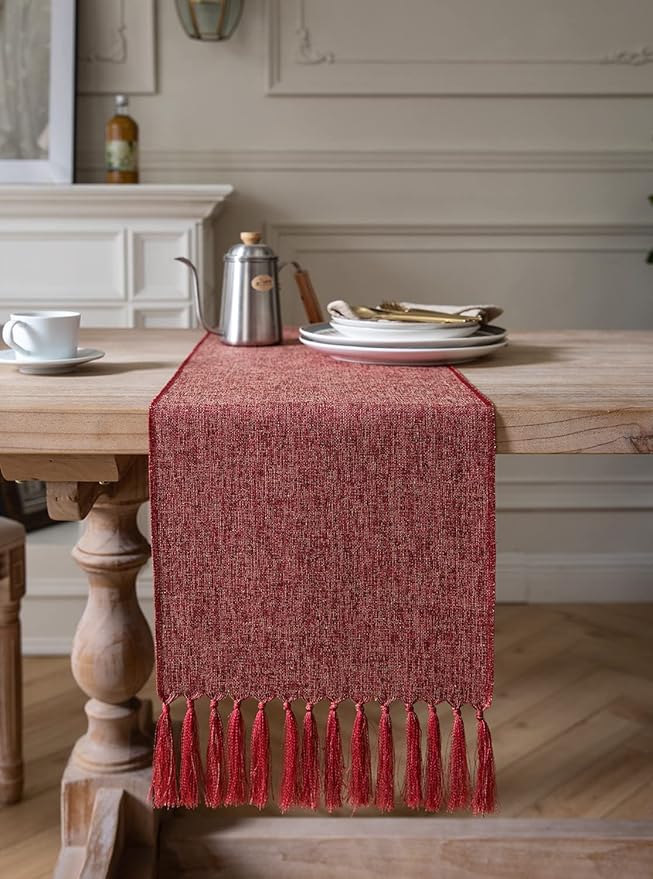 ZeeMart Red Table Runners 72 Inches Long, Burlap Linen Style Rustic Farmhouse Table Runner, Boho Woven Dining Table Runner, 13x72 Inches, Red