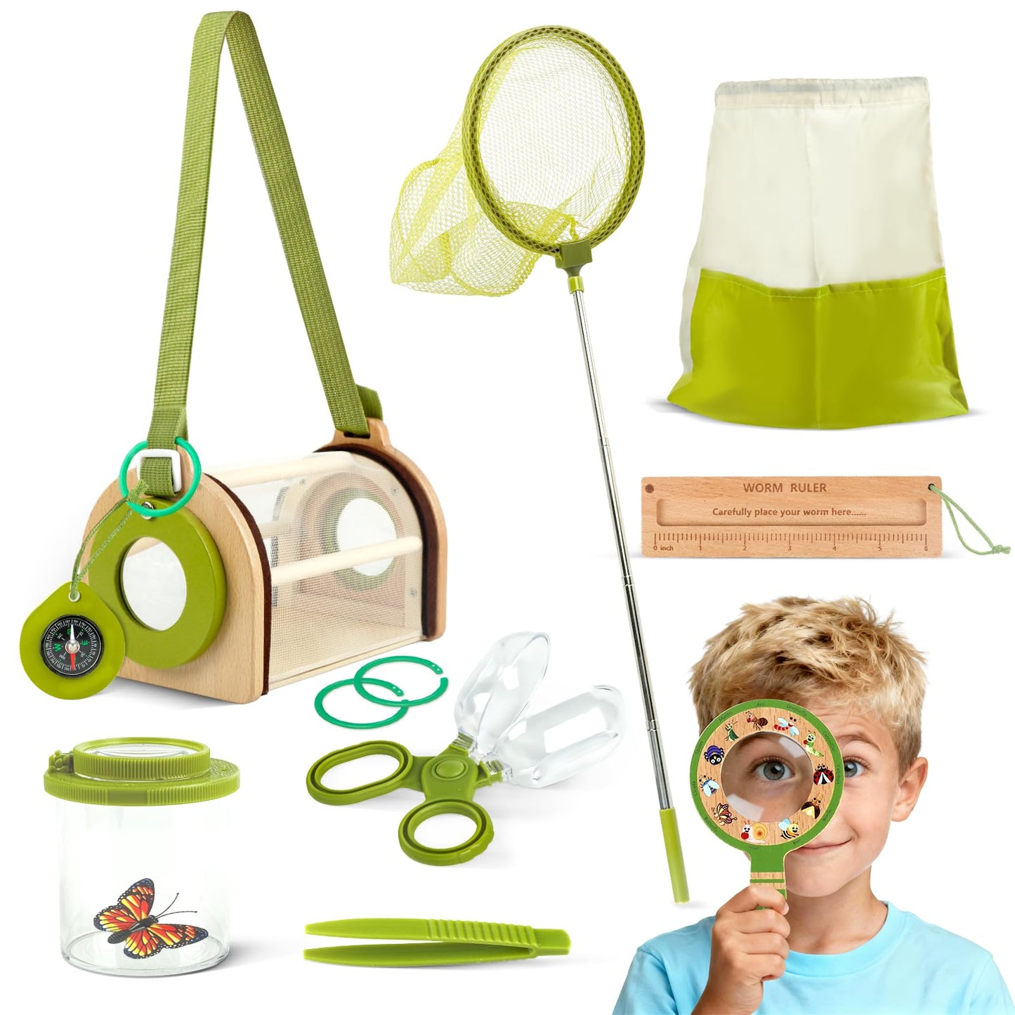 Wooden Bug Catcher Kit for Kids, Outdoor Explorer Toy Set with Butterfly Net, Magnifying Glass, Bug Container &Other Adventure Kit for Backyard Bugs Hunting and Camping Gifts for Boys Girls Age 3-12
