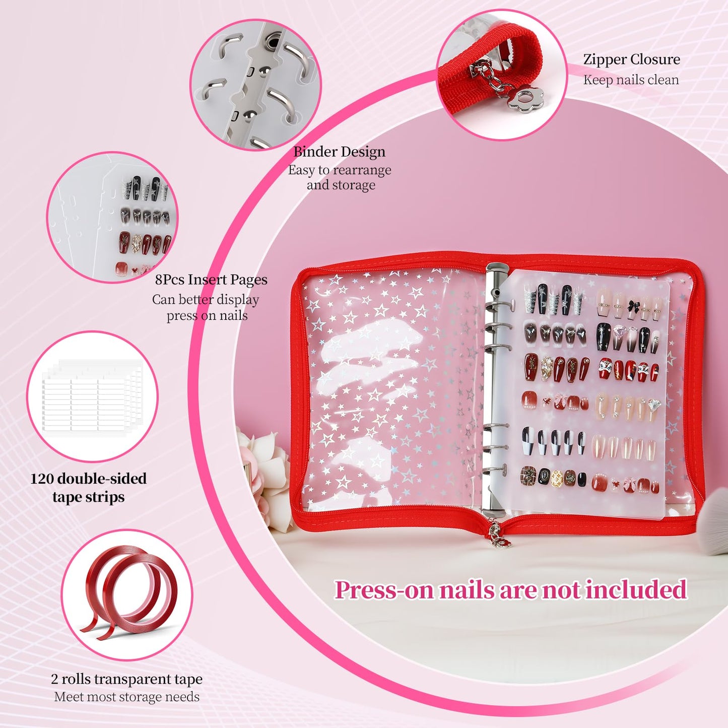 ASTONFOG Press on Nail Organizer Binder Book, 8 A5-Sized Insert Pages & Double Sized Tape, Press on Nails Display Storage Book, Reusable Fake Nail Swatch Collecting Book (Red Star)