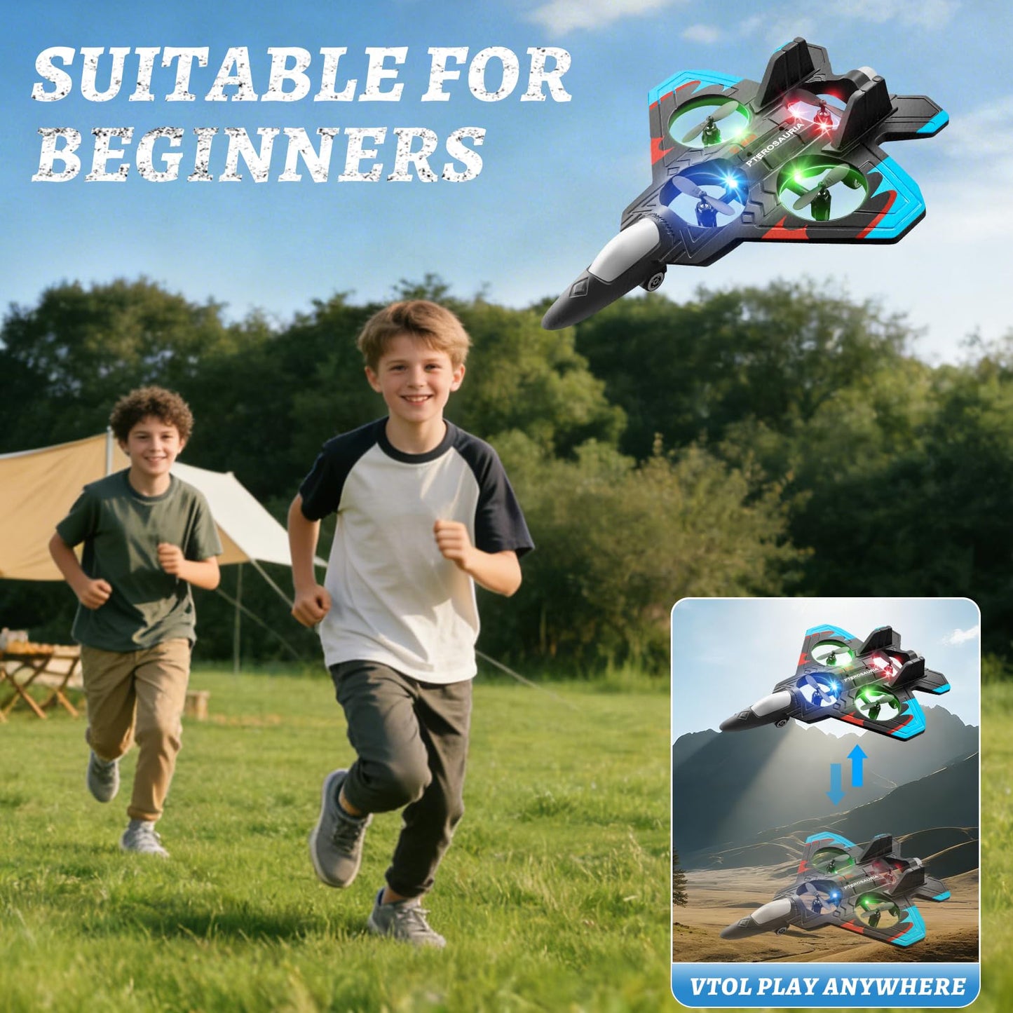 RC Plane for Kids Adults, Foam Remote Control Airplanes Fighter Jet Drone with 2 Batteries, 360° Flip, LED Light, Stunt Roll, Altitude Hold, Easy to Fly for Beginners, Toy Gift for Boys Girls 8-16+