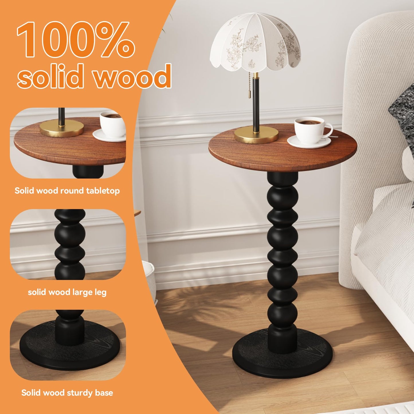 zaowofires Solid Wood Round Side Table, Small Drink Table,Cocktail Table, Wooden Pedestal End Table, Plant Stand for Living Room, Bedroom,Office and Corners (Walnut/Black, 11.8" W*21.65" H)