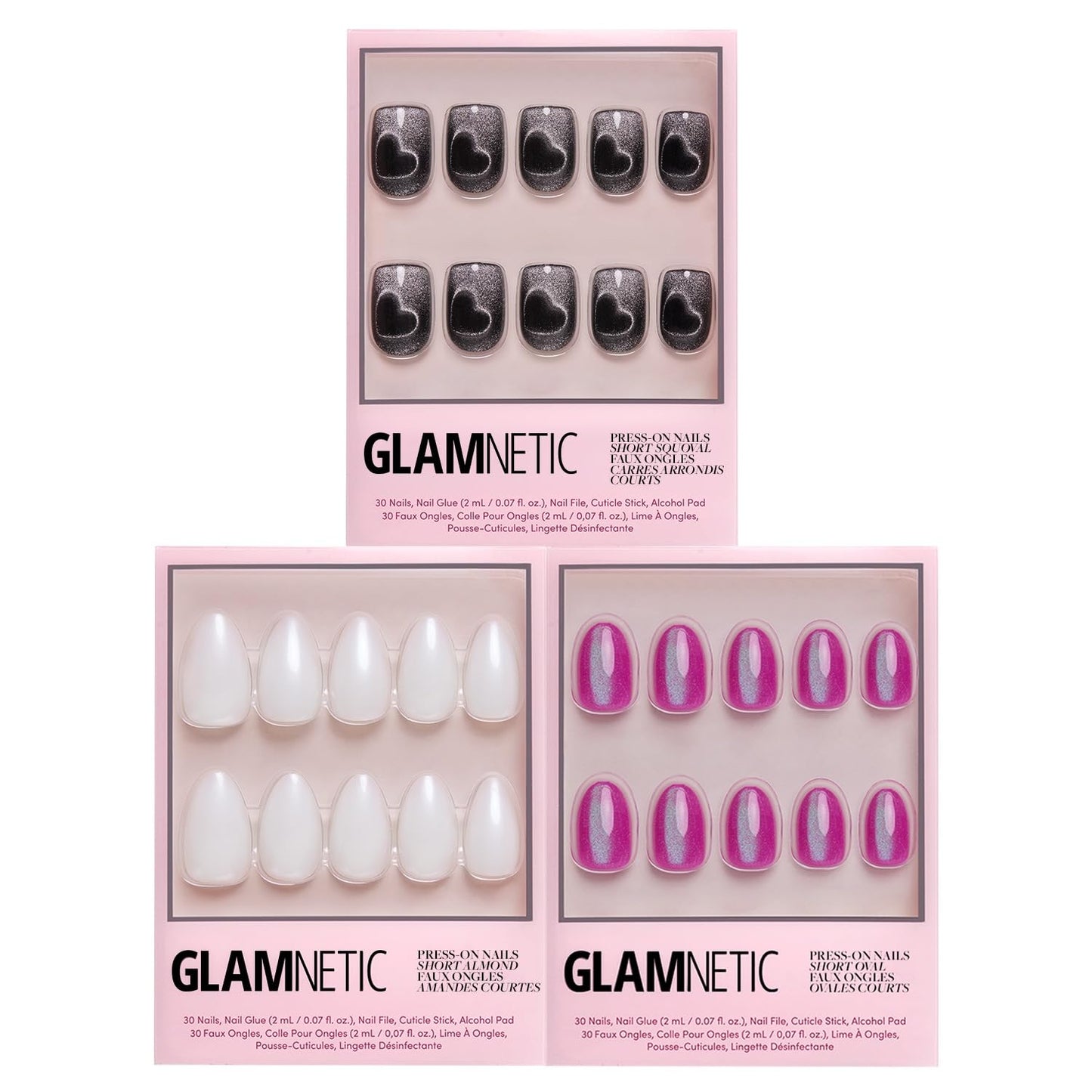 Glamnetic Press-On Nails Bundle - Midnight Romance, Berry Fizz & Hailey | Squoval Black Fake Nails with Magnetic Cat-Eye Design | Oval Magenta Nails with a Metallic Finish | Glazed Short A