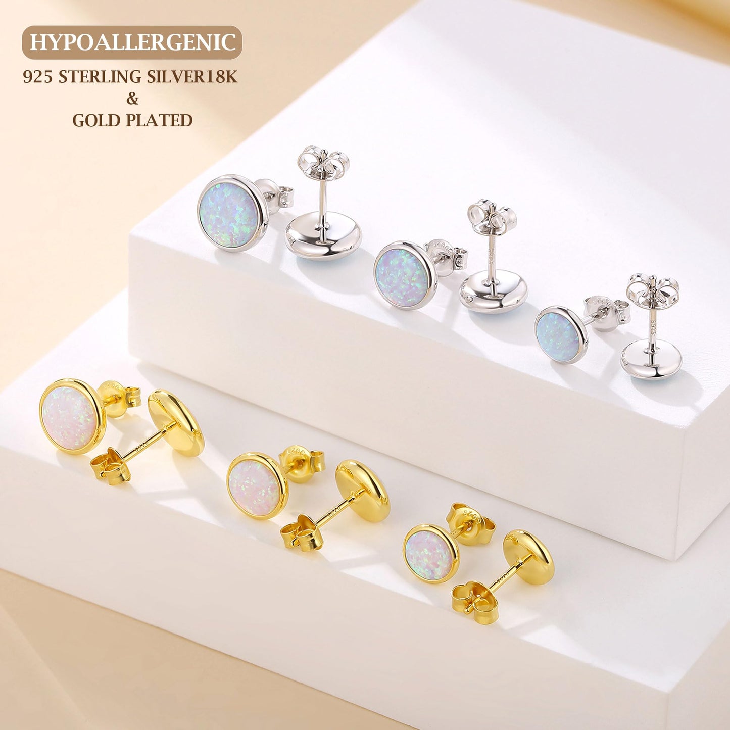 JiayangJY Silver White Fire Opal Stud Earrings for Women Sterling Silver Round Shape 7mm Opal Earrings with Push Back