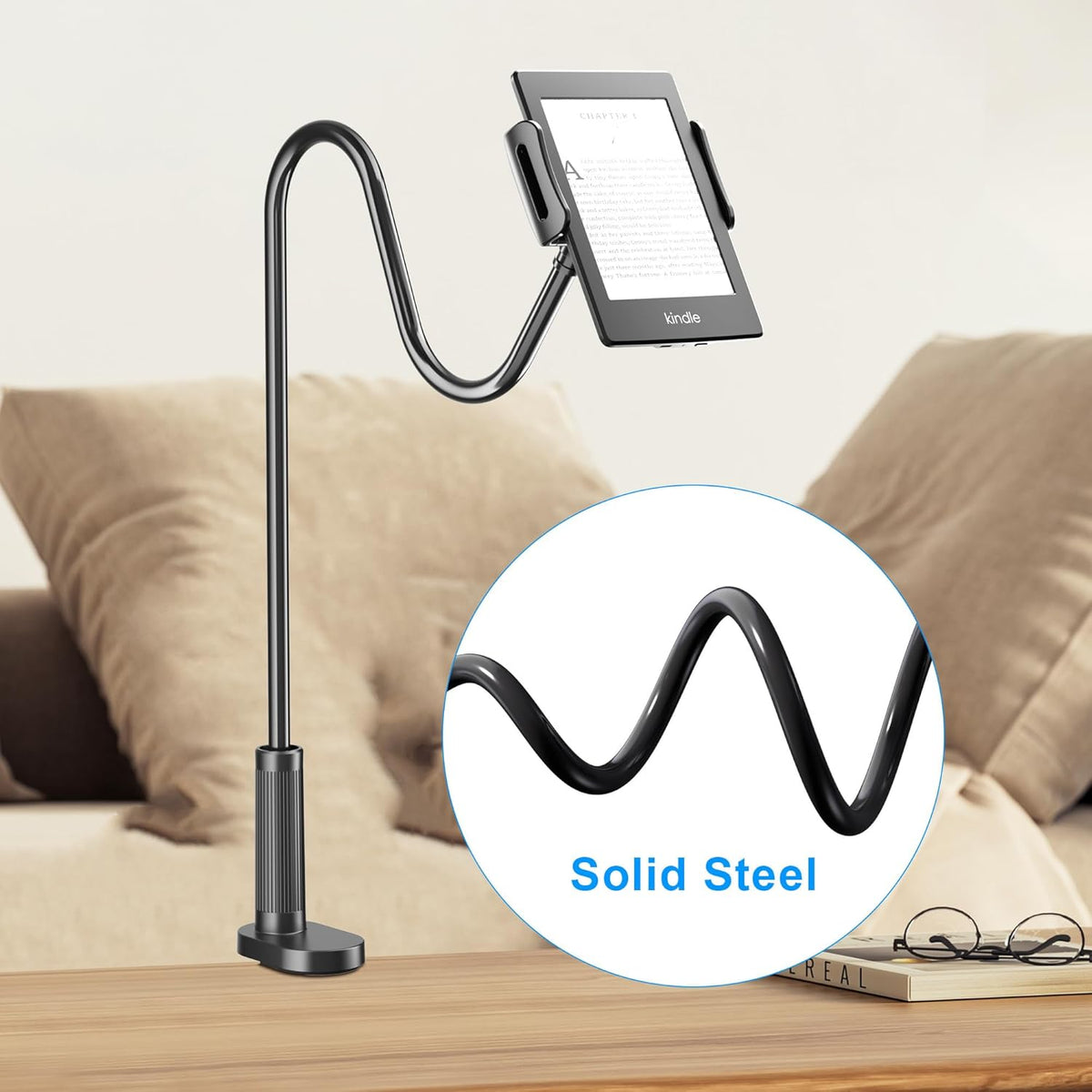 Gooseneck Tablet Holder for Kindle Reading in Bed, Hands Free Desk Bedside Lazy Arm Stand for Kindle Accessories, Compatible with iPhone iPad mini