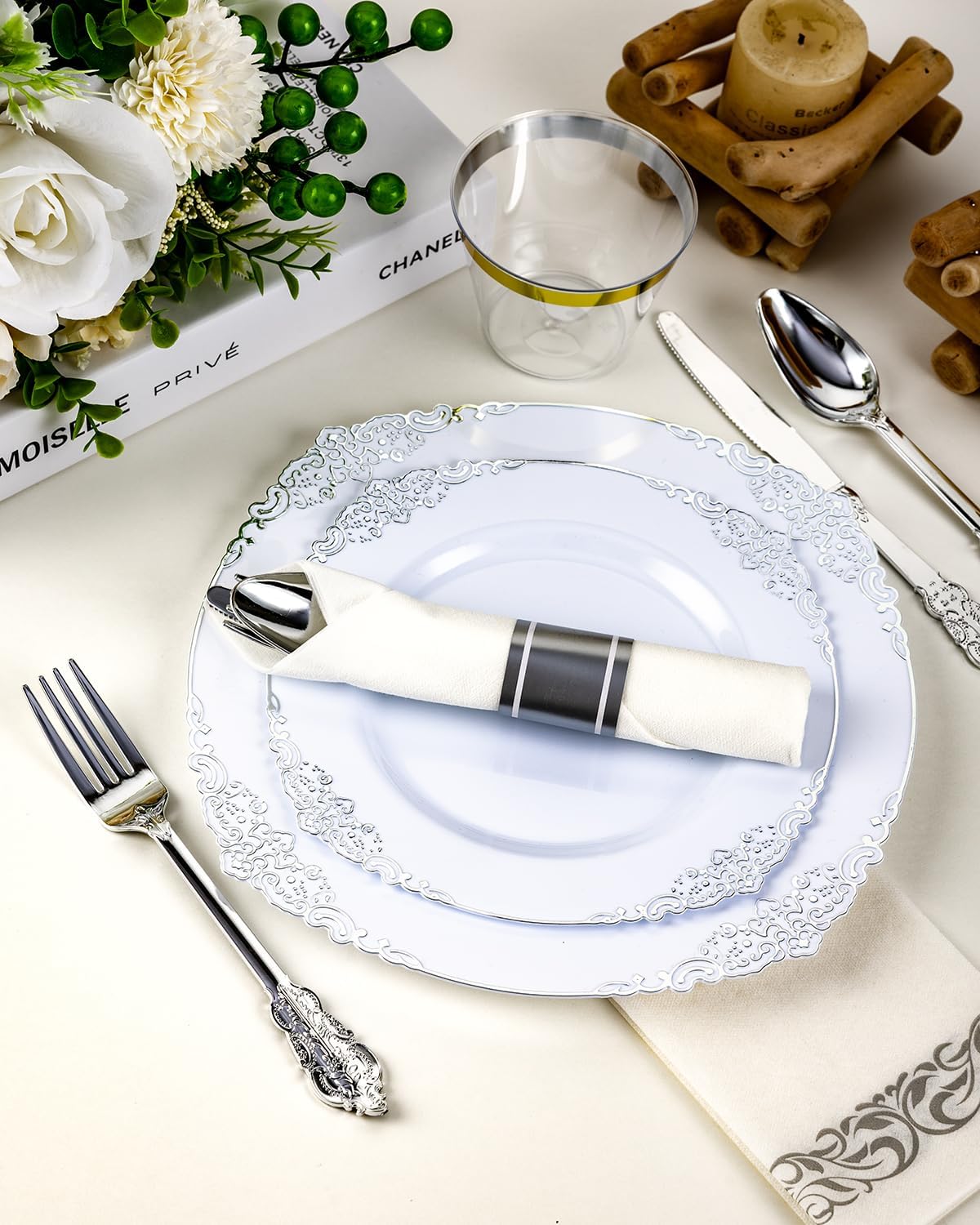 Goodluck 350 Piece Silver Plastic Dinnerware Set for 50 Guests, Fancy Disposable Plates, Include: 100 Silver Rim Plastic Plates, 150 Silverwares, 50 Pre Rolled Napkins, 50 Cups for Party, Wedding