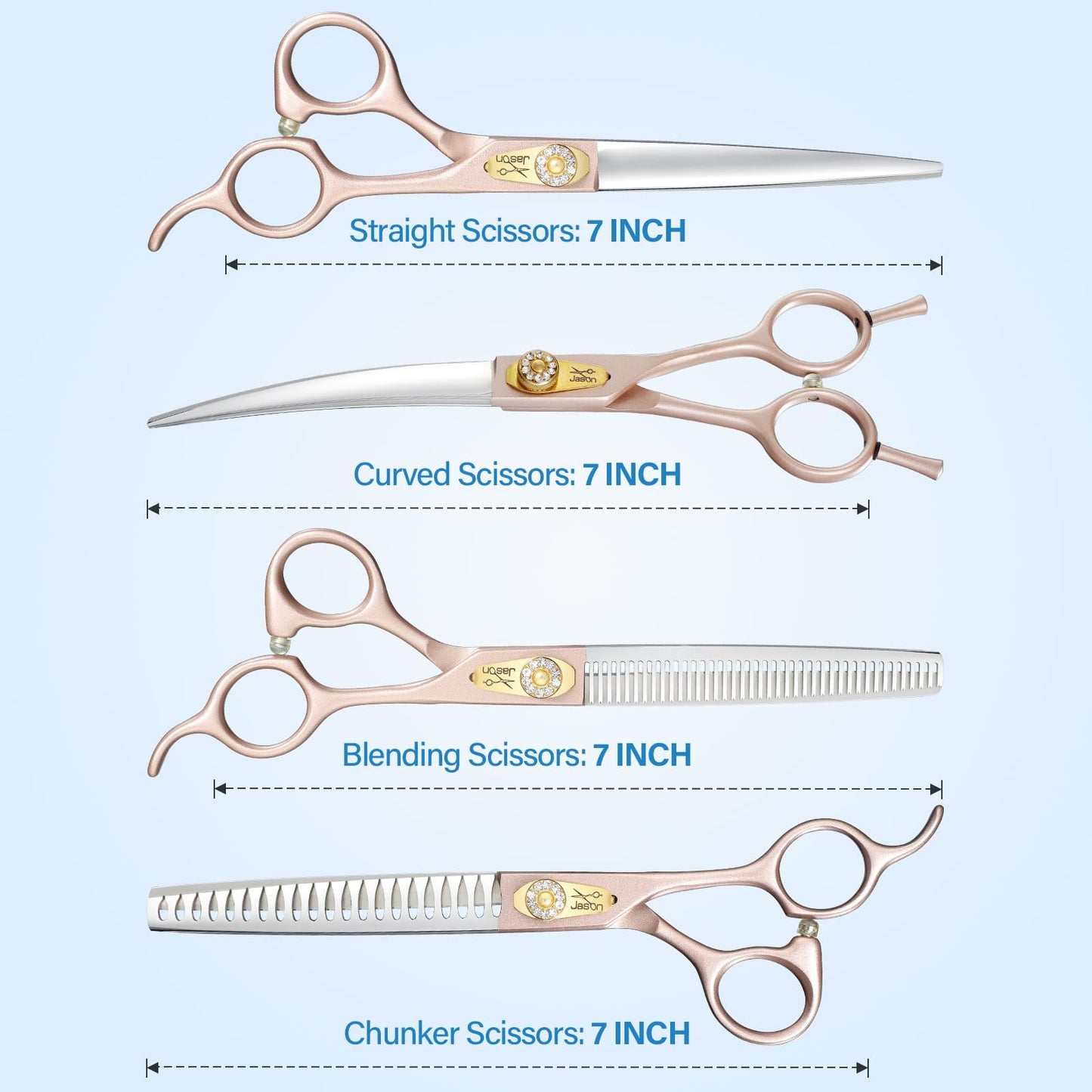 JASON Dog Grooming Scissors Set, Professional 6 in 1 Dog Scissors Sharp Shears Set - 7" Thinning, Chunker, Straight, Curved Shears and Comb for Dog Cat Pet, Rosegold Christmas Gift