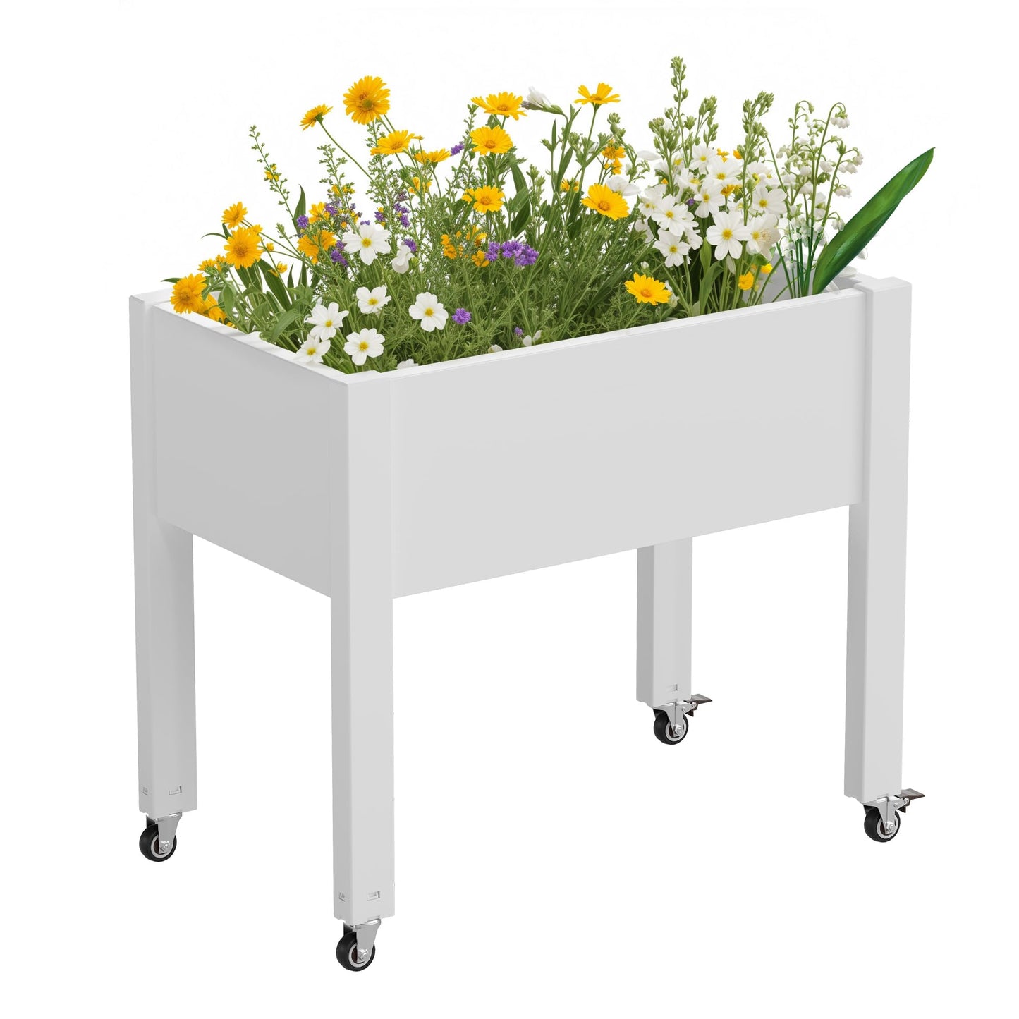 LHBGO Raised Garden Bed with Wheels - Outdoor Mobile Elevated Resin Planter Box with Drainage Holes for Vegetables Flower Herbs (1 Pack, White)