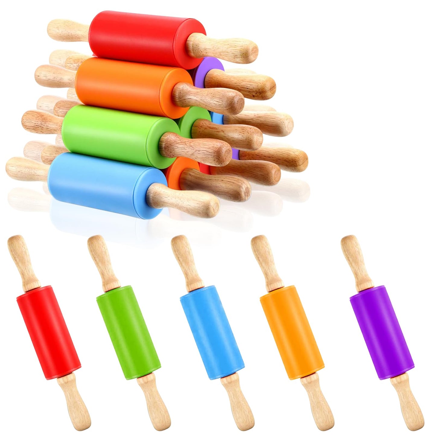 10Pcs 9 Inch Silicone Small Rolling Pin for Kids Wooden Rolling Pins for Baking Mini Silicone 5 Colors Wooden Handle Rolling Pin for Kitchen Cake Baking Cookie