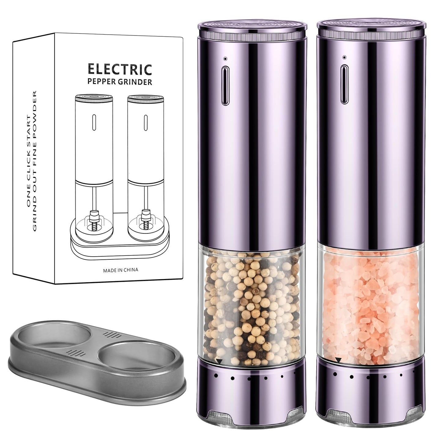 JASUNMI Rechargeable Salt & Pepper Grinder Set - Electric Automatic Grinder, Adjustable Coarseness, LED Light, One-Hand Operation, Stainless Steel & Acrylic, USB Charging, Purple (Set of 2)