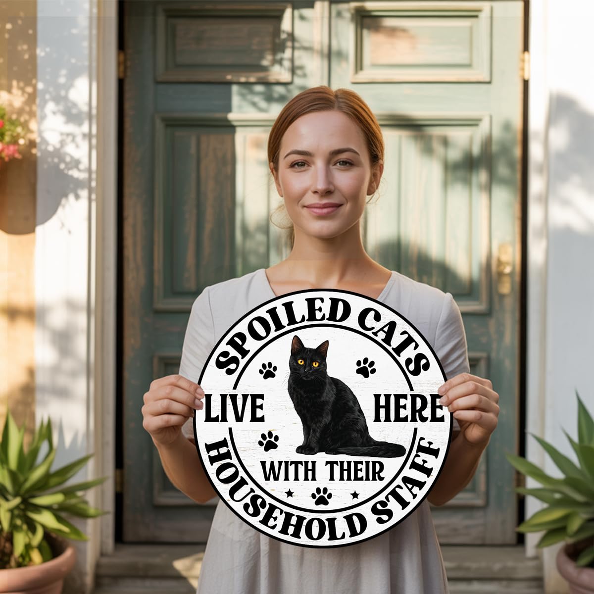 Black Cat Wood Hanging Sign for Front Door, Cat Gifts House Welcome Sign