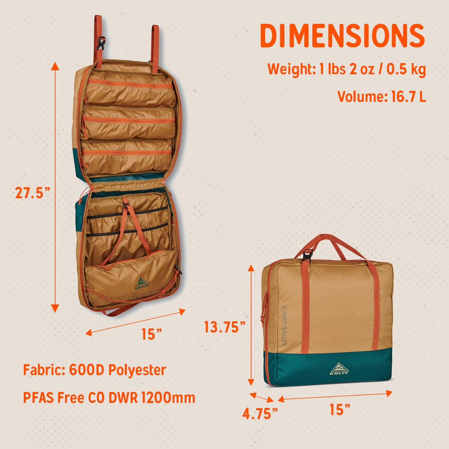 Kelty Camp Galley – Camp Kitchen Organization Kit, Pockets, Compartments for Outdoor Cooking Essentials, Plastic, DULL GOLD/DEEP TEAL