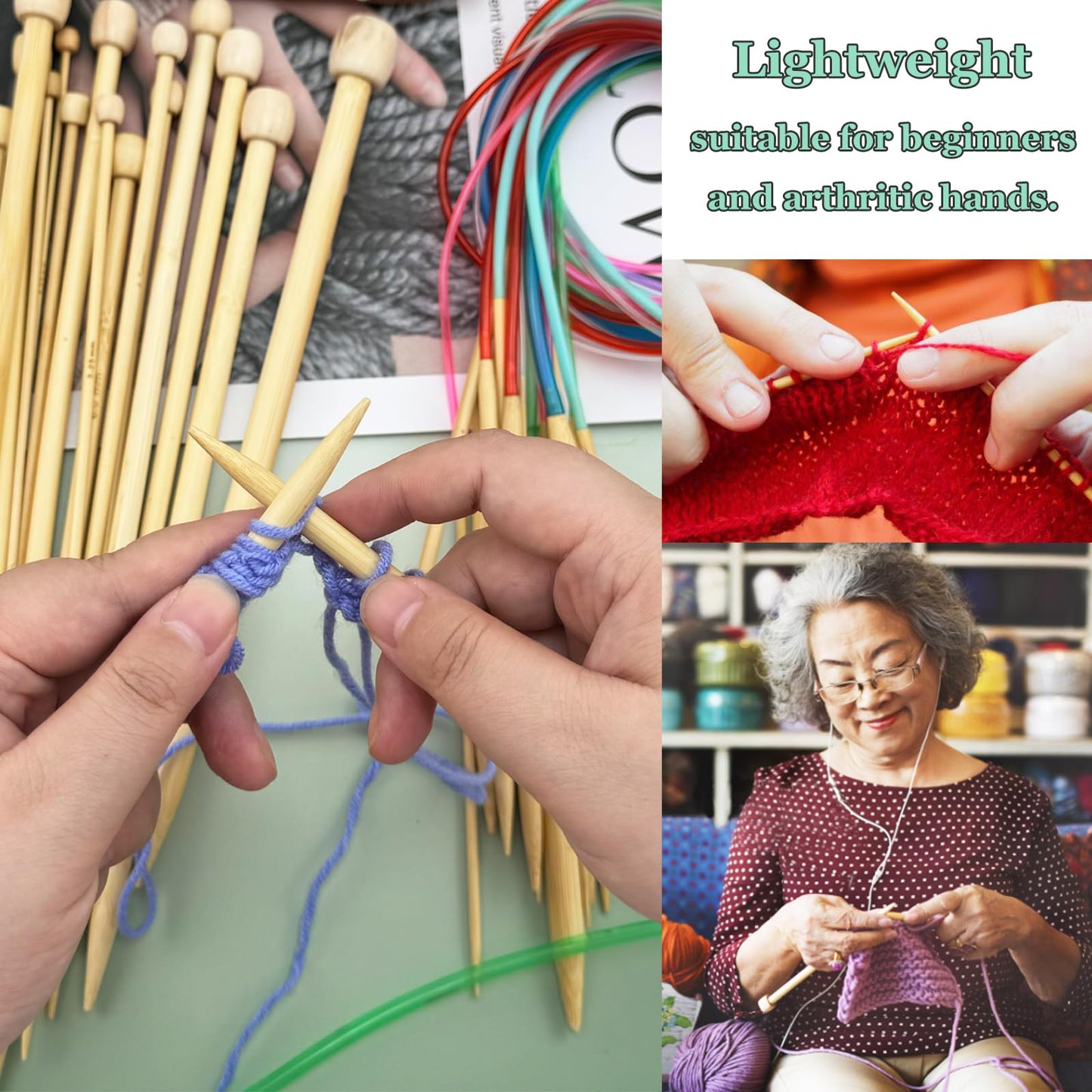Hobekoee Knitting Needles Set,36 PCS 9.8" Straight Single Pointed Bamboo Knitting Needles ＆ 18 Pairs 31.5” Bamboo Circular Knitting Needles Set with Colorful Plastic Cable,18 Sizes: 2mm-10mm