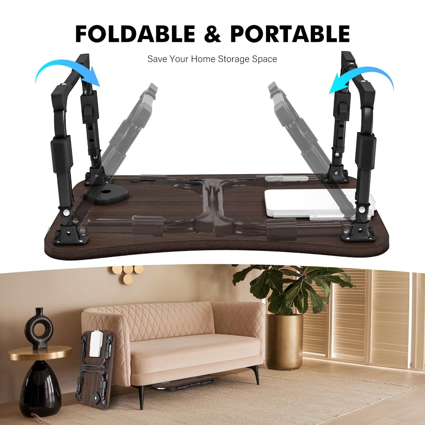 Lap Desk for Bed Adjustable Height, Foldable Bed Table with Storage Drawer, Tablet Slot & Cup Holder, Portable Laptop Stand for Bed & Sofa, Bed Desk for Adults & Kids, Walnut