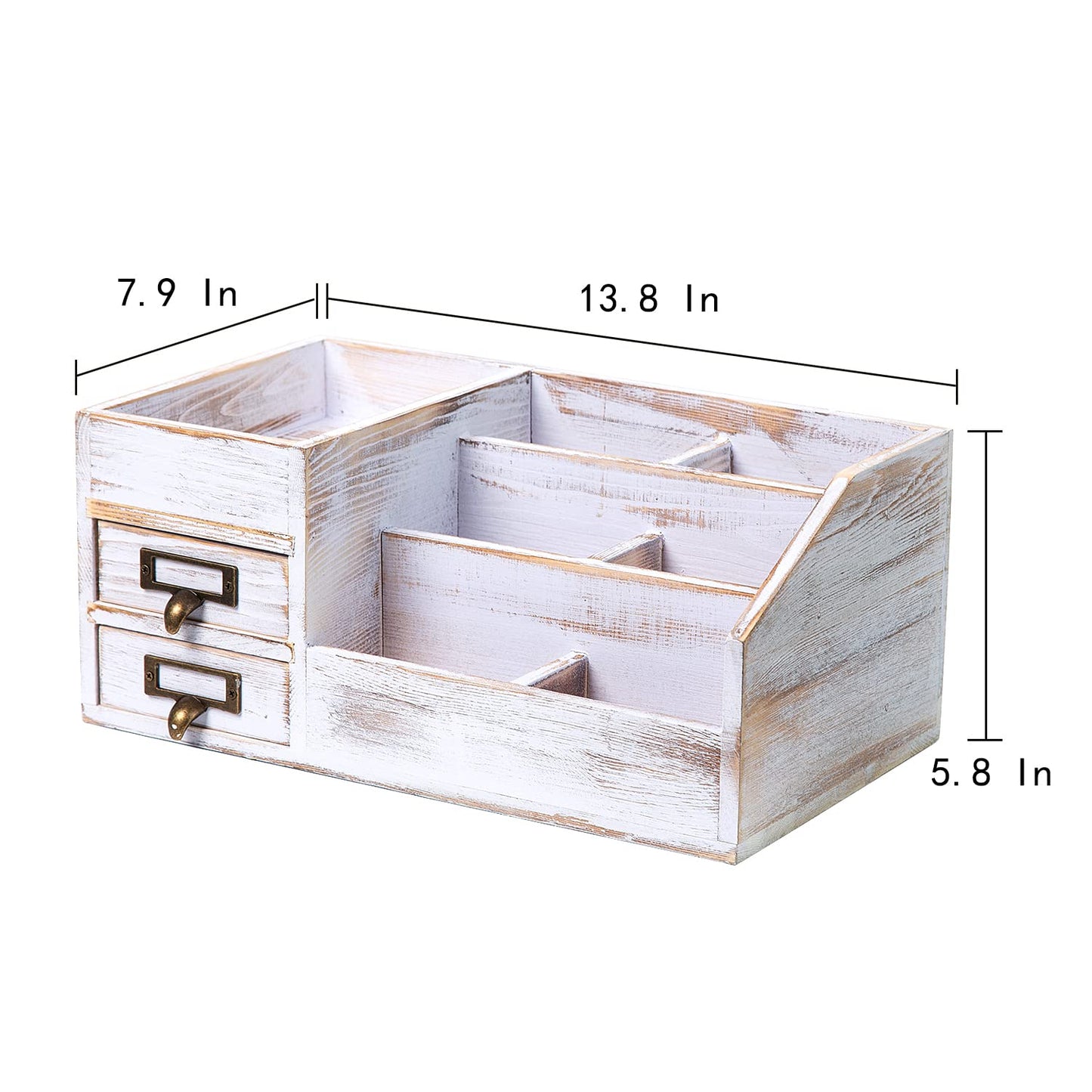 Distressed Rustic Wooden Office Desktop Organizer Shelf Tabletop Home Organizer Storage with Multiple Compartments 2 Tier Drawers perfect Jewelry storage Display Box for Desk Vanity (Washed white)