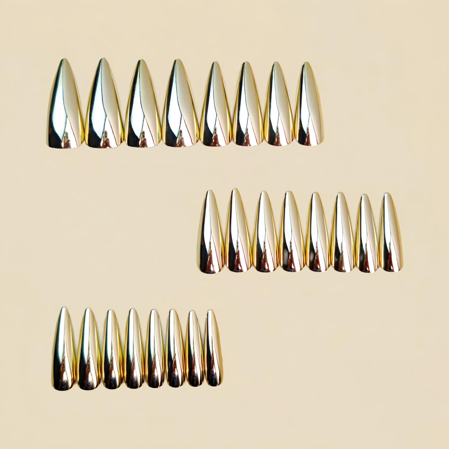 MERVF Long Stiletto Press on Nails Almond, Gold Chrome Fake Nails Solid Color Design Glue ons Luxury Electroplated Acrylic Nail Glossy 24pcs
