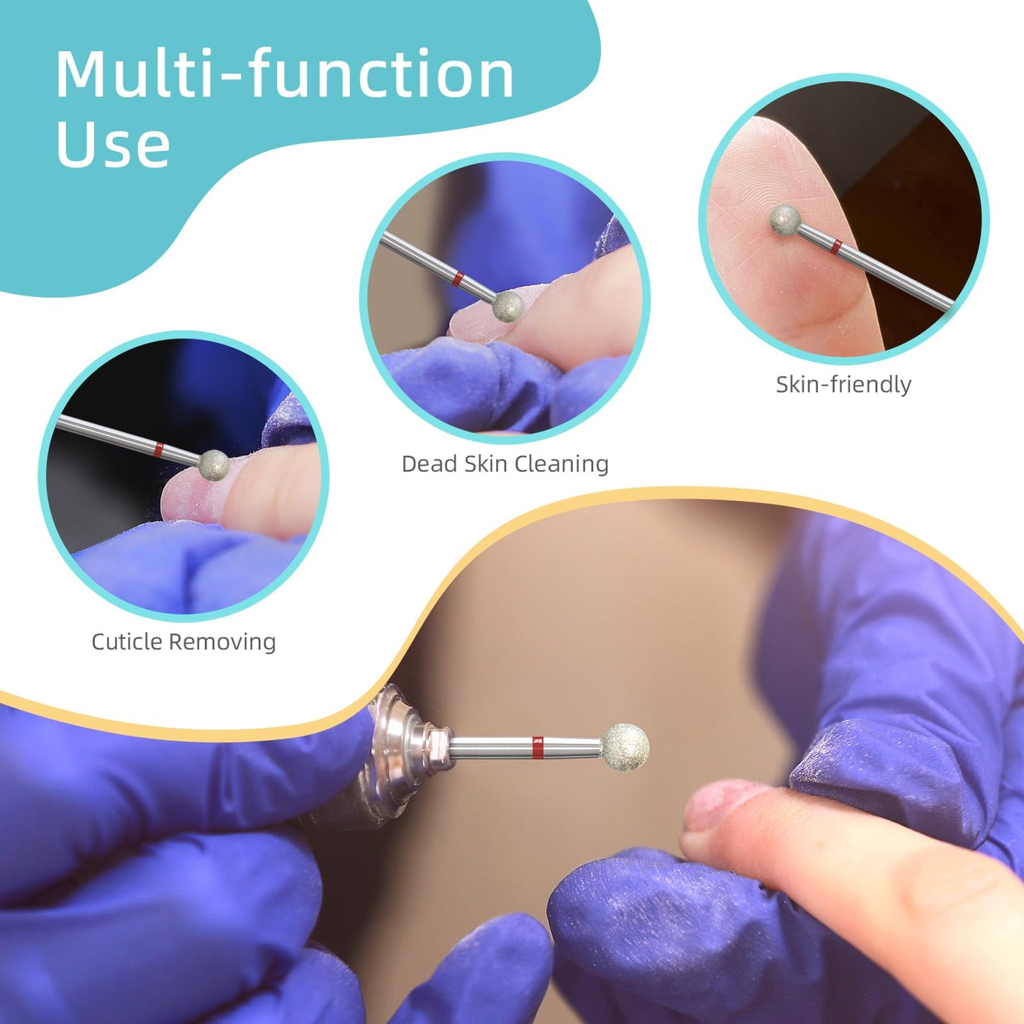 HYTOOS 5mm Ball Cuticle Clean Nail Drill Bits 5Pcs/Set Russian Diamond Nail Bit Professional Safety Under Nail Cleaner Burr for Cuticle Dead Skin, Electric Nails Drill Accessories, Fine