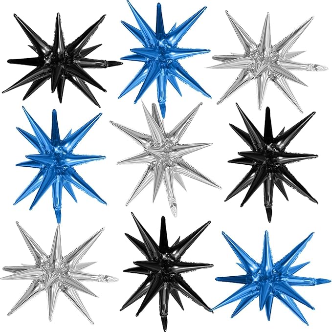 Black Blue Silver Star Balloons,9Pcs 22Inch Black Blue Silver Explosion Spike Cone Helium Polyester Film Star Foil Balloons for Birthday Anniversary Baby Shower Disco Party Decorations