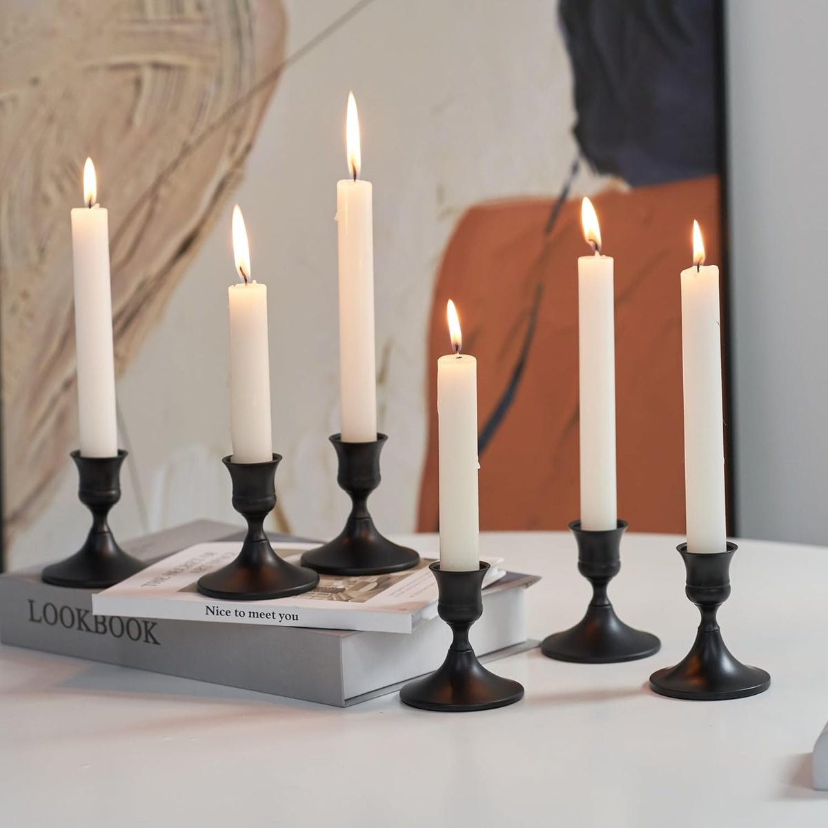 Black Taper Candle Holder, Candlestick Holders, Vintage Metal for Table Centerpieces Wedding Decor (Matte Black, 6 Pcs)