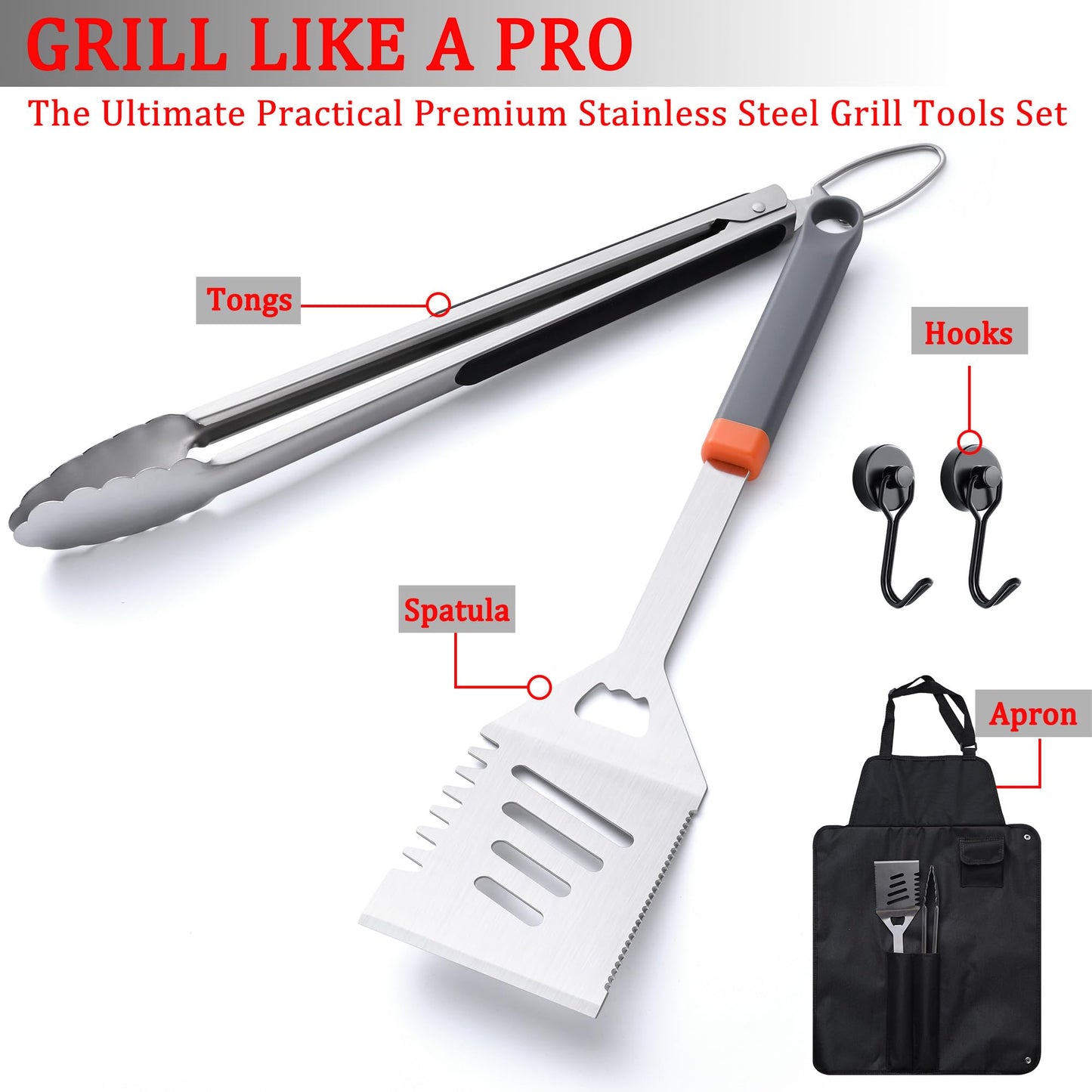 5PCS Grill Tools Set, BBQ Grilling Accessories with Spatula Tongs Apron Hooks, Portable Grill Utensils Set, Stainless Steel Grilling Tools Kit, Camping Tailgating Gifts for Men Dad