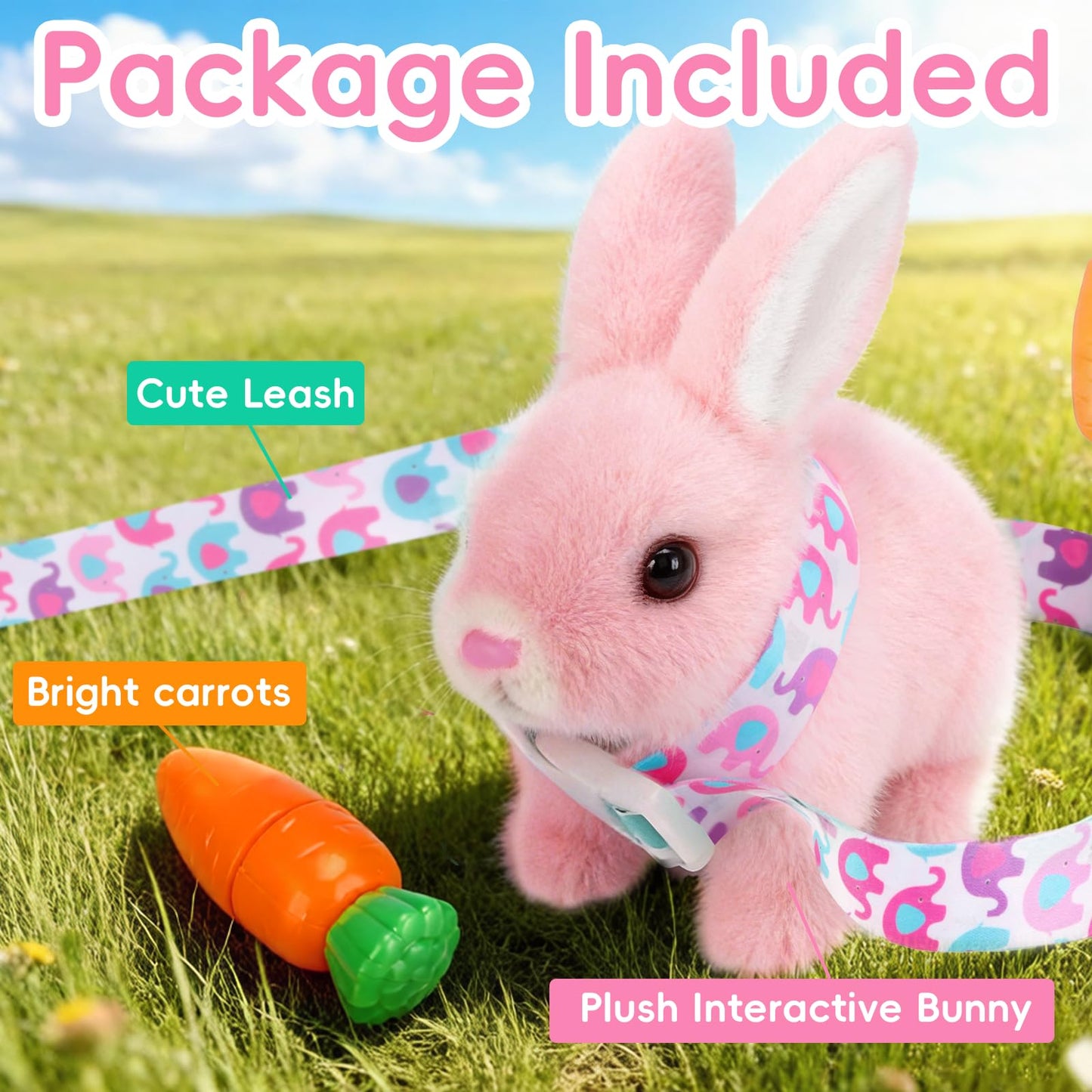 Sprstar Easter Bunny Toy,Bunny My Realistic Bunny Toy,Hopping Rabbit Plush Bunny Toy,with Sounds and Movements Animated Walking Wiggle Ears Twitch Nose Gift for Toddlers Birthday(Pink Rabbit + Leash)