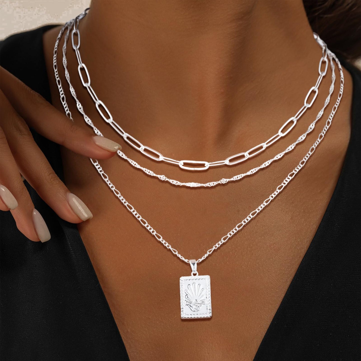 MFRYK Gold Necklaces Stack For Women,14K Gold Plated Simple Layered Choker Necklaces,Stackable Multilayer Gold Small Square Pendant Box Paperclip Chain Layered Necklaces Set Jewelry Gift for Women