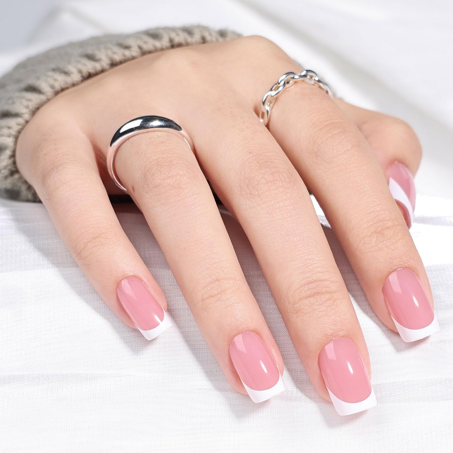 Leefrei French Tip Press On Nails - Short Square Blush Pink Press on Nails Glossy Nails Press Ons for Women DIY Fake Nails Kit, Reusable Glue on Nails Short in 16 Sizes - 32pcs, Blush Tip