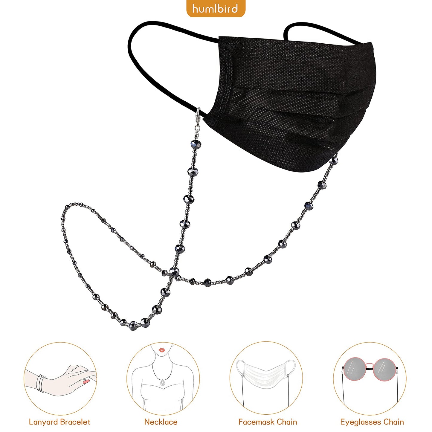humlbird Eyeglass Chain for Women Stylish Mask Lanyard Natural Crystal Mask Chain Eye Glasses Holder Strap, Black