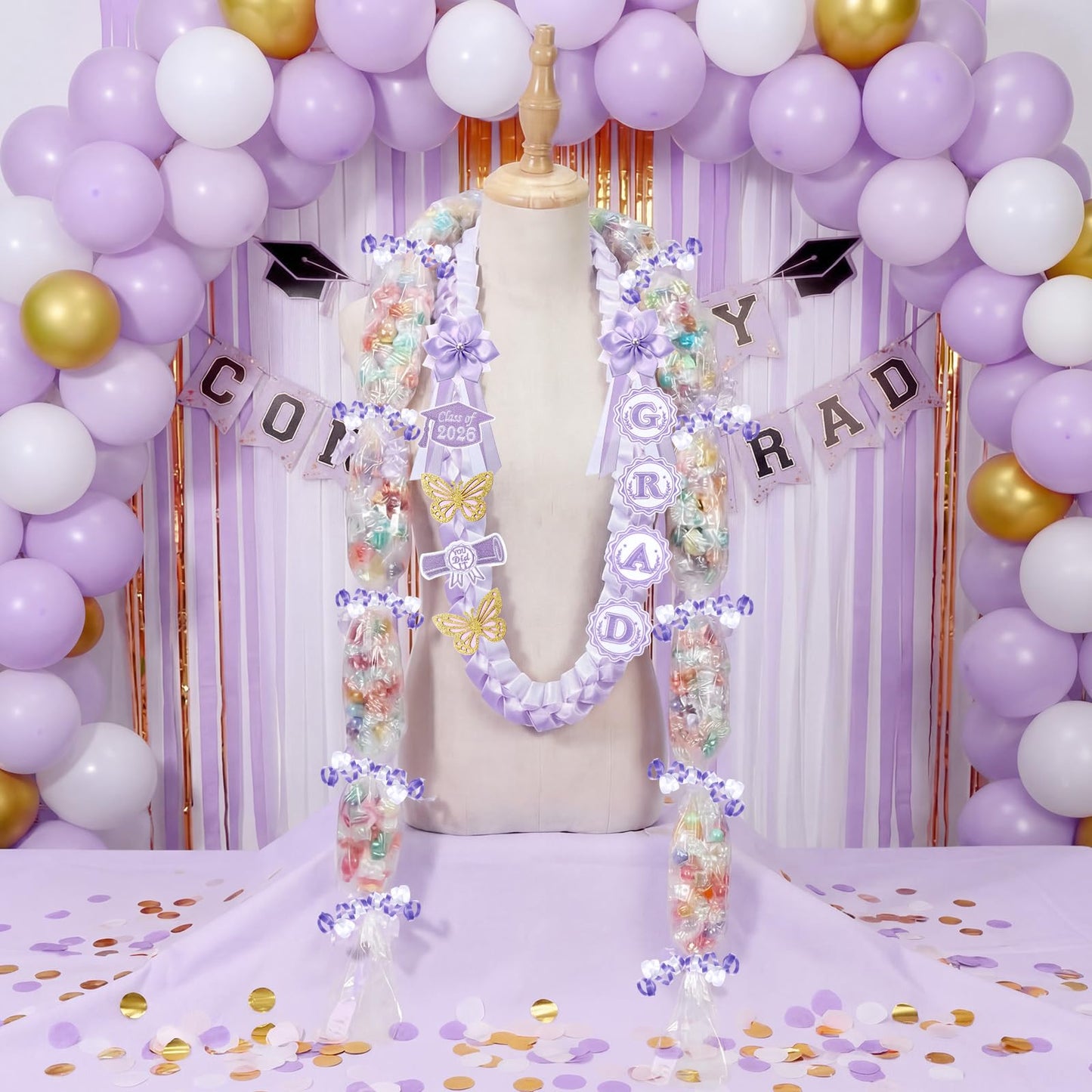 Spakon 19 Pcs Graduation Leis 2026 Graduation Candy Lei Kit Class of 2026 Ribbon Double Lei Necklace Party Accessories(Purple)