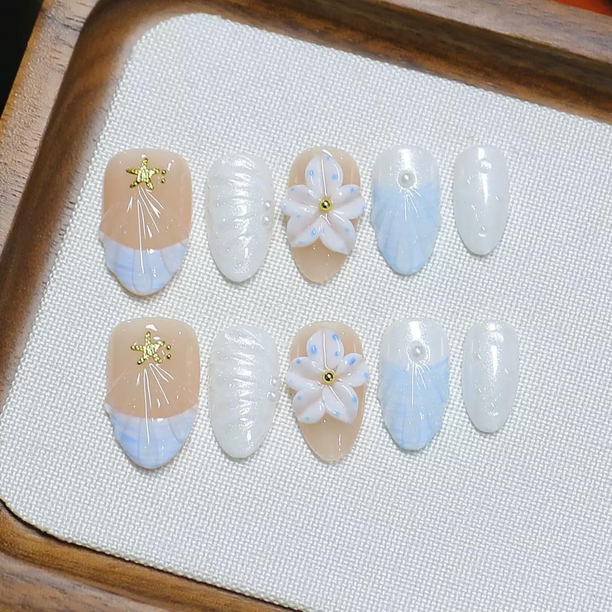 10 Short Almond Handmade Press On Nails | French design with 3D Floral and Seashell | Skip Salon Trips, Easy to Apply & Remove, Reusable (251208, S)