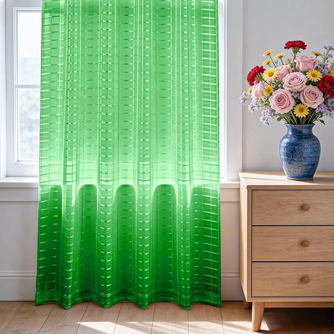 SpaceDresser Check Sheer Curtains 72 Inches 2 Panels Set, Rod Pocket Plaid Window Curtain for Living Room, Green Semi Sheer Drapes for Kitchen Bedroom Children Room Yard（Green, 52W x 72L）