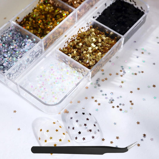 1 Box 6 Color Holographic Tiny Star Nail Glitter Laser Gold Nail Sequins 3D Laser Silver Nail Flakes Sparkly Glitter Flakes Shiny Nail Glitter Champagne Nail Sequins Glitter for Nails Art 6 Grids