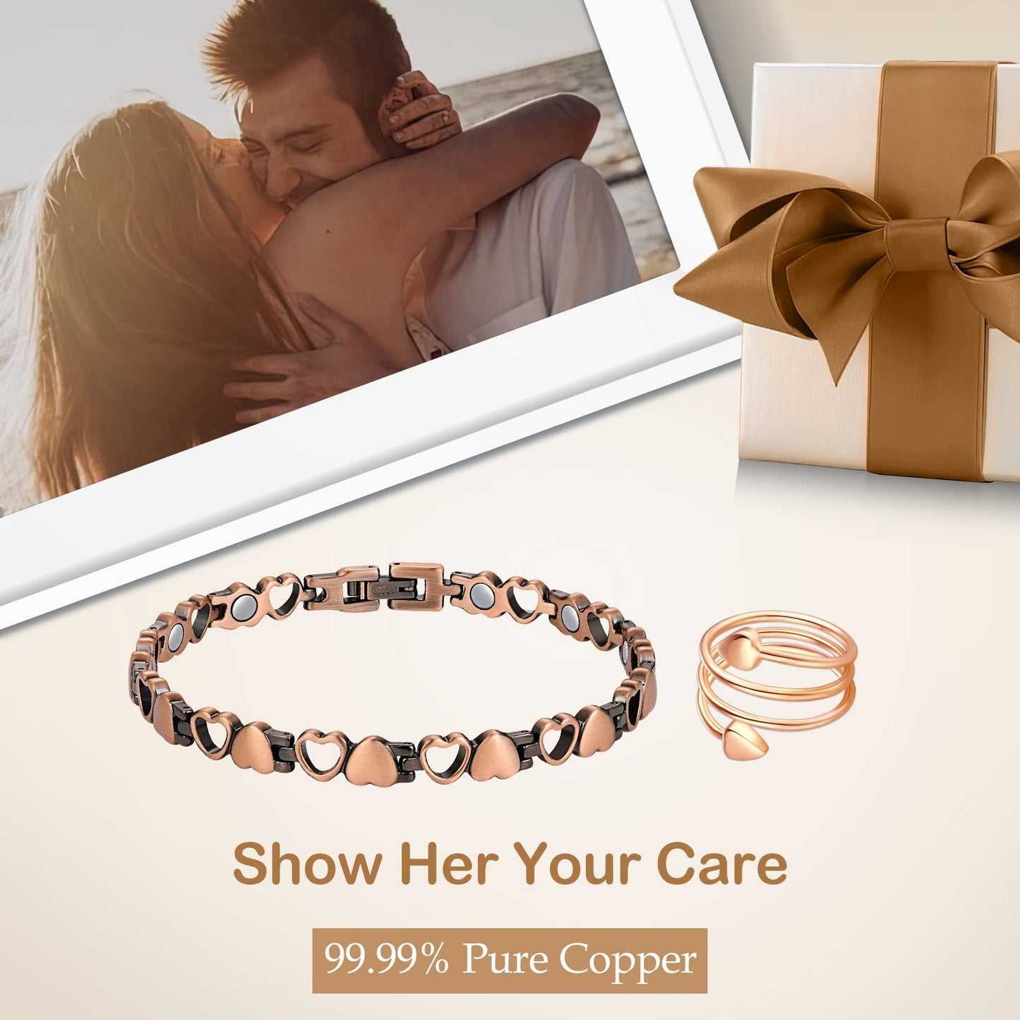 Feraco Copper Bracelet for Women 99.99% Solid Copper Magnetic Bracelets, Unique X Shape Links, Magnetic Field Therapy Jewelry Gifts (Heart Shape with Ring)