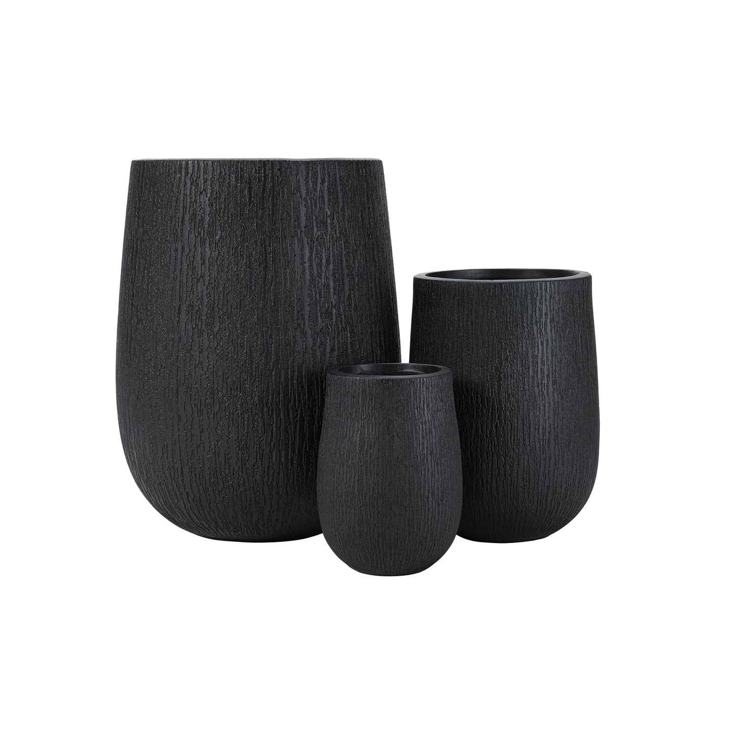 GDFStudio Lightweight MgO Egg-Shaped Planter Set of 3 Large Indoor Outdoor Plant Pots with Drainage Hole & Rubber Plug, Stone Texture Round Flower Pots for Patio Balcony Garden Lawn Poolside, Black