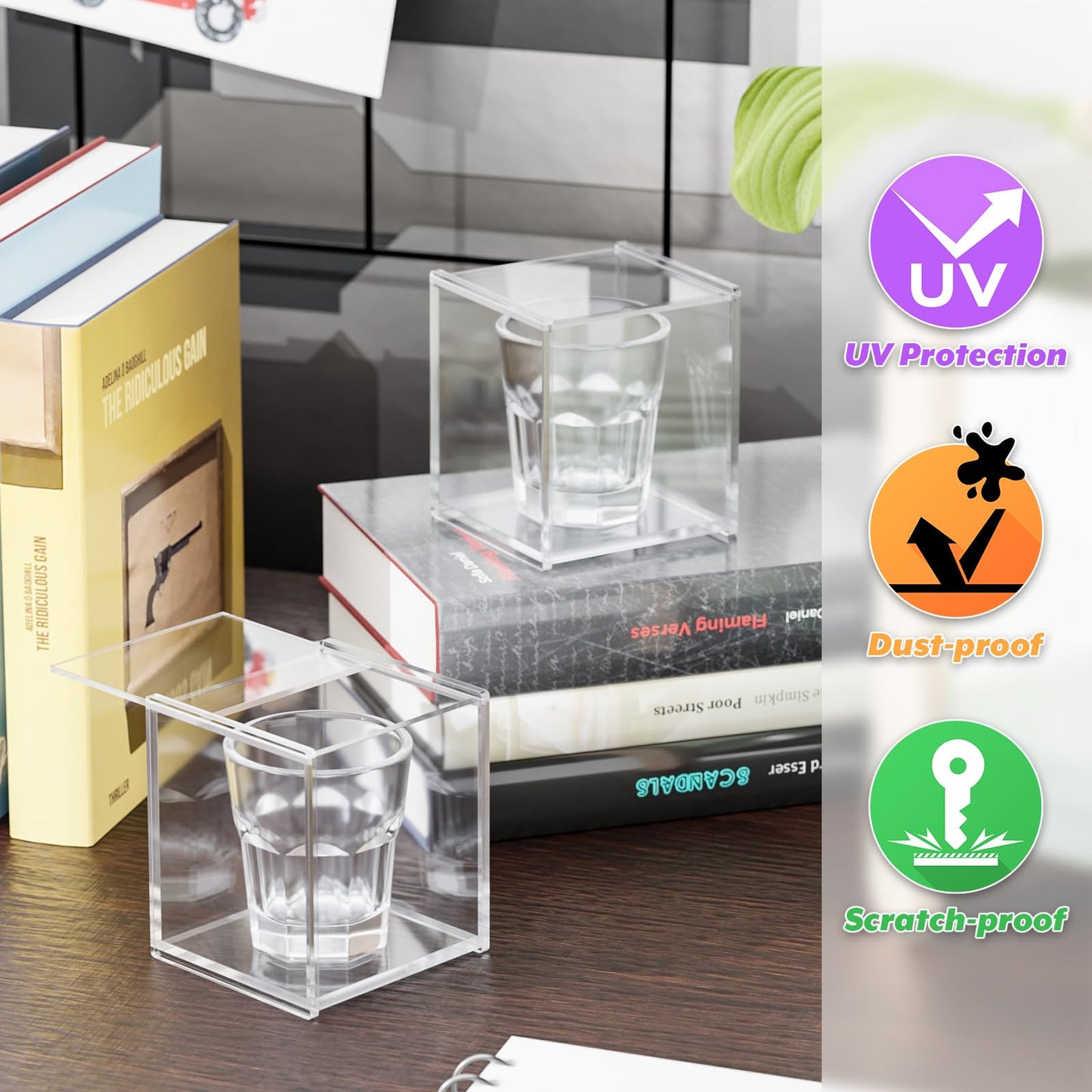 Cosmos 2 Pack Acrylic Shot Glass Display Case Wall Mounted Storage Box Clear Shot Glass Display Holder with Sliding Cover, Small Wine Cup Organizer for Collectibles, Models, Mini Figures