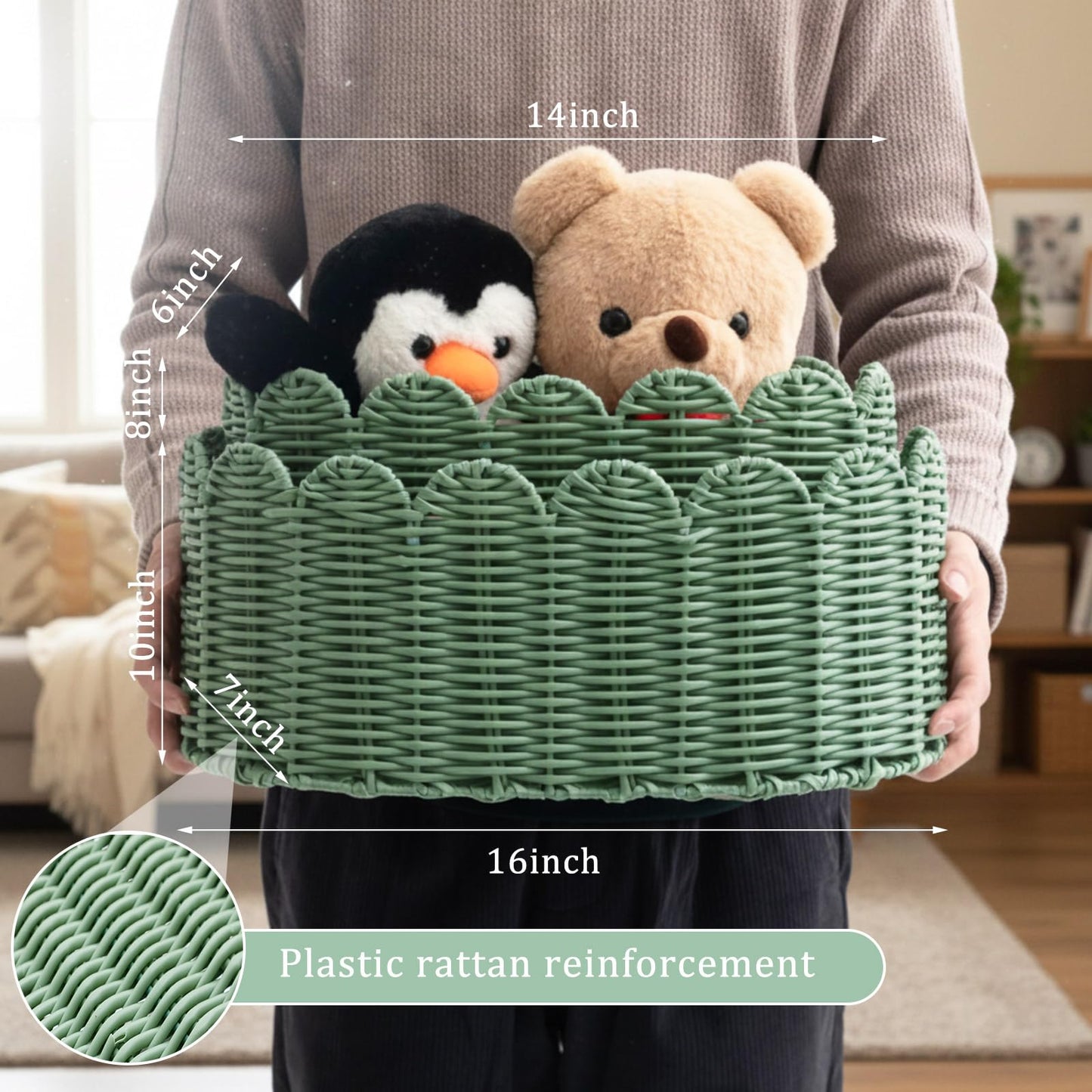 2 Pcs Large Scalloped Storage Baskets, Sage Green Woven Wicker Nursery Organizer Bins for Baby Gifts, Living Room Decor, Bathroom & Toy Storage, 16 x 10 x 7" & 14 x 8 x 6"