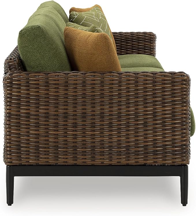 Signature Design by Ashley Horizon Hall Vintage Outdoor Nuvella Weather Resistant Fabric, Resin Wicker Sofa with Cushion and 2 Accent Pillows, Green & Dark Brown