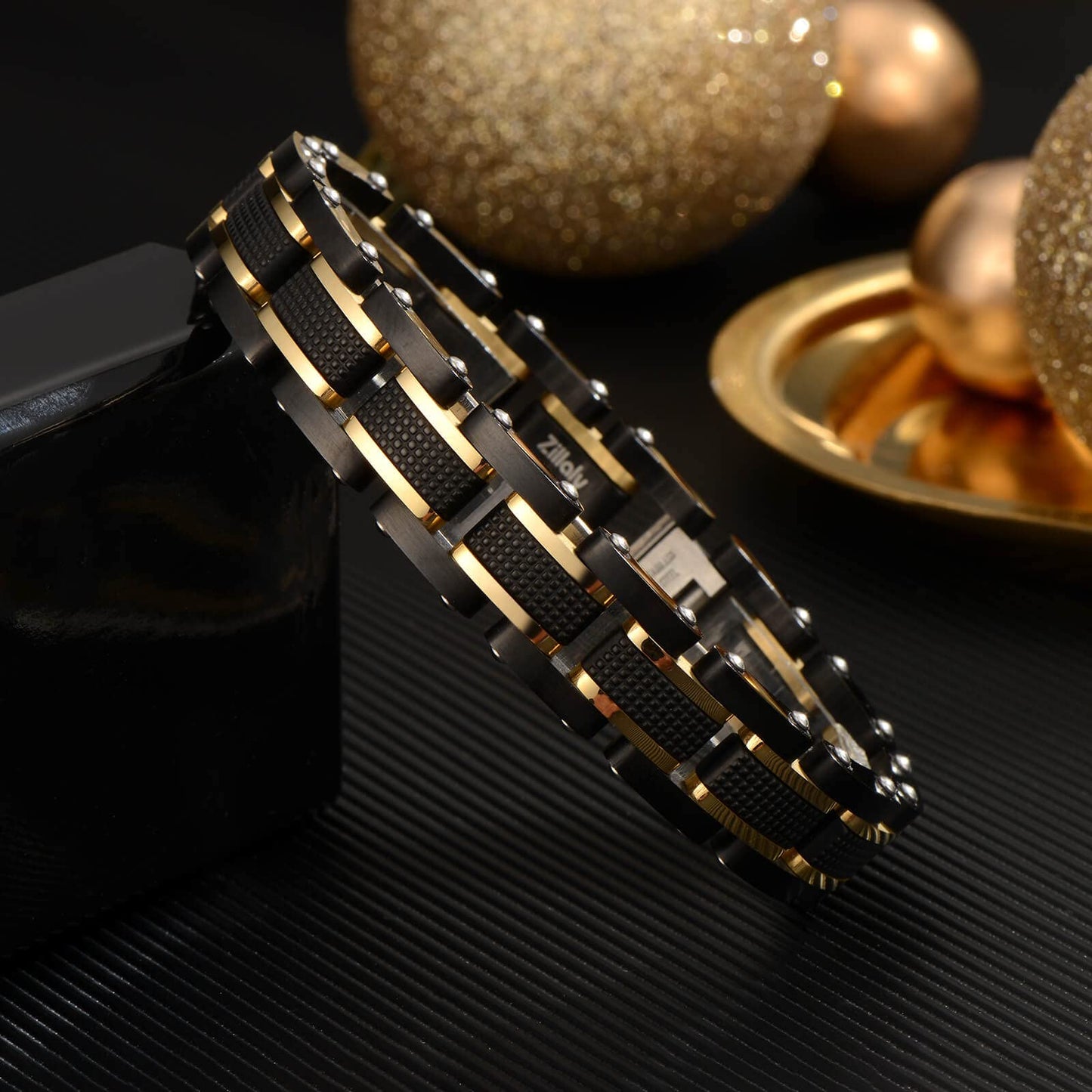 Zillaly Men's Stainless Steel Two-Tone Square Link diamond Bracelet in Black & Blue Ion-Plated Black (Black gold)