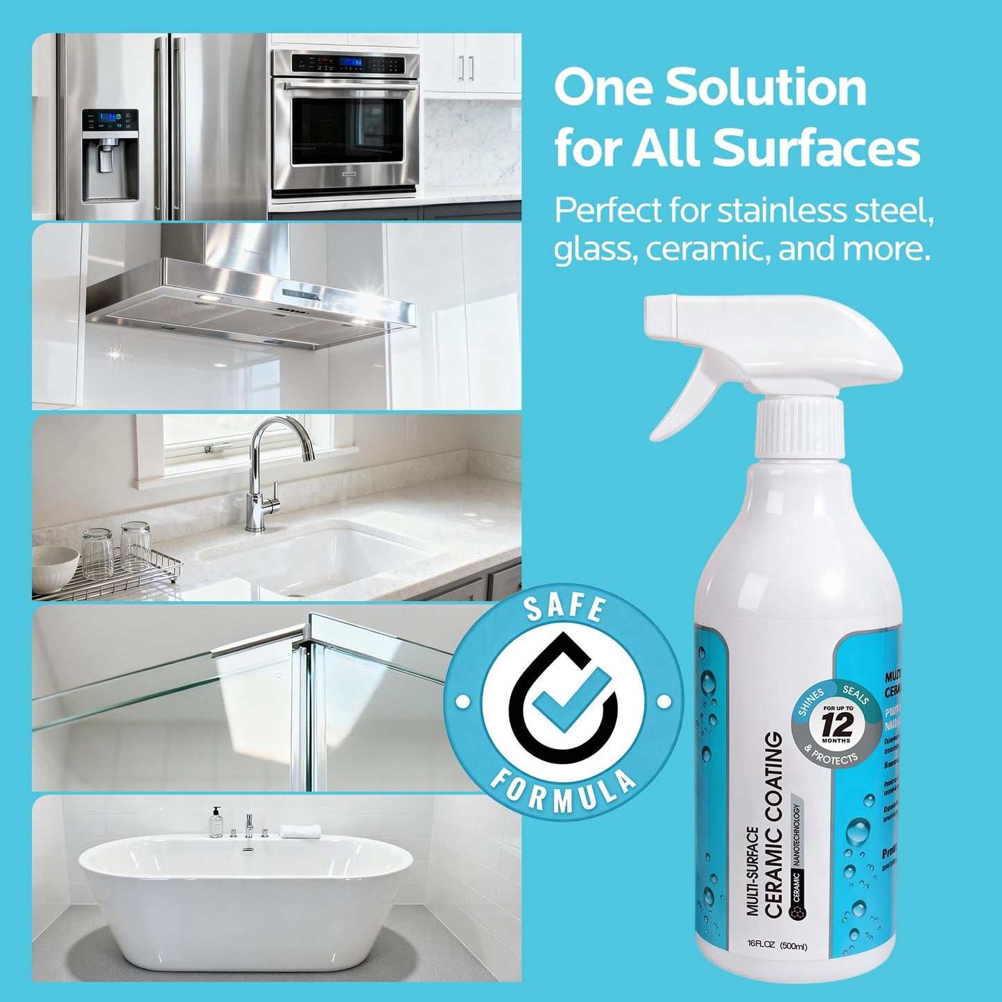 MineeCozee Ceramic Coating Spray for Stainless Steel & Glass - Fingerprint & Water-Spot Repellent, Long-Lasting Surface Protection for Kitchen & Bath (500ml)