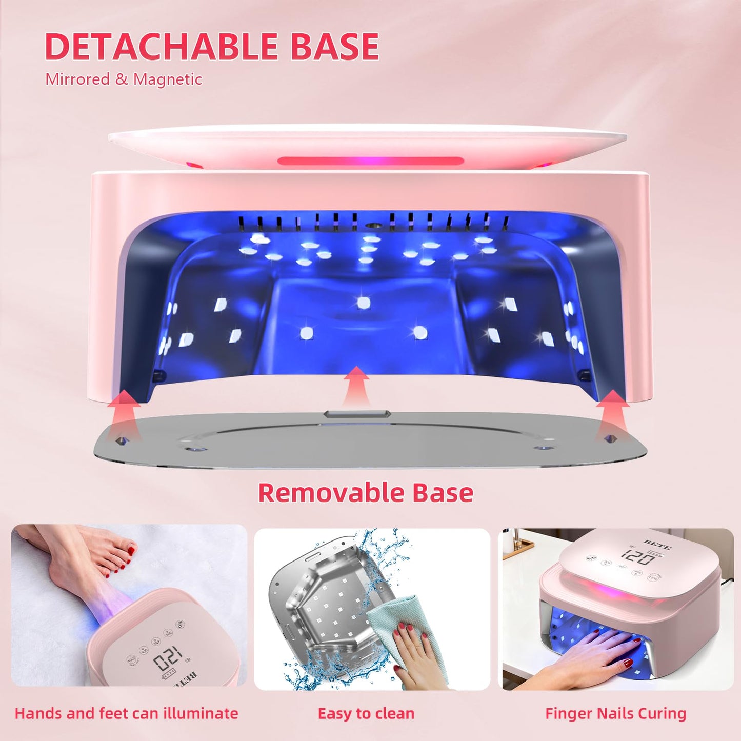 BETE 60W Cordless UV LED Nail Lamp - Rechargeable Gel Polish Dryer with Auto Sensor, 30 Beads & 4 Timer Settings Portable for Home/Salon Pink