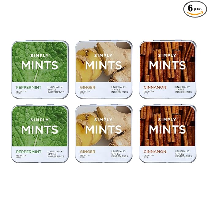 SIMPLY Mints | Variety Pack - Peppermint, Ginger, Cinnamon | Pack of Six (180 Pieces Total) | Breath Freshening + Aspartame-Free + Vegan + non-GMO